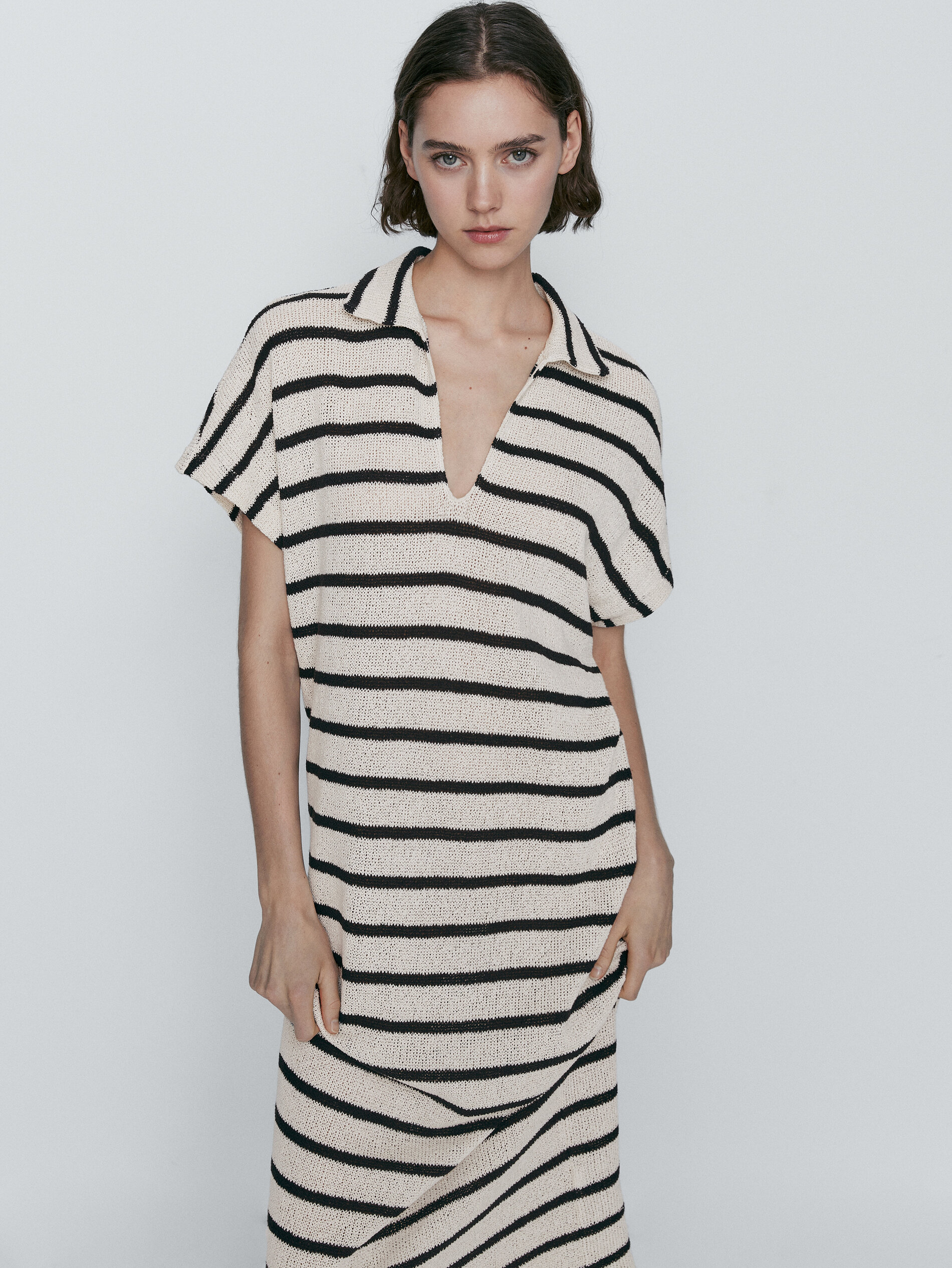 Vestido polo rayas mezcla algodón estructura - CRUDO