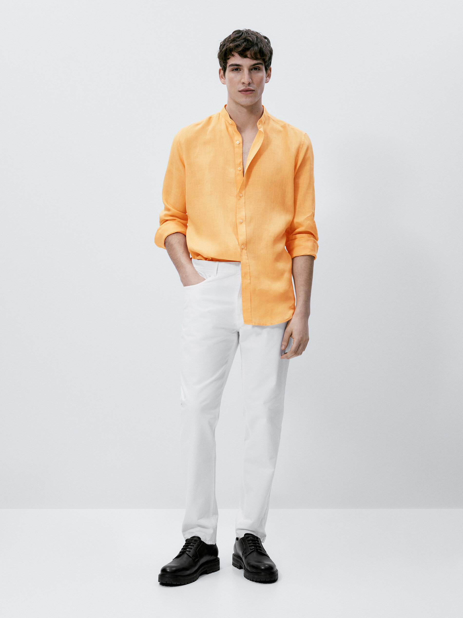Camisa 100% lino cuello mao slim fit - NARANJA