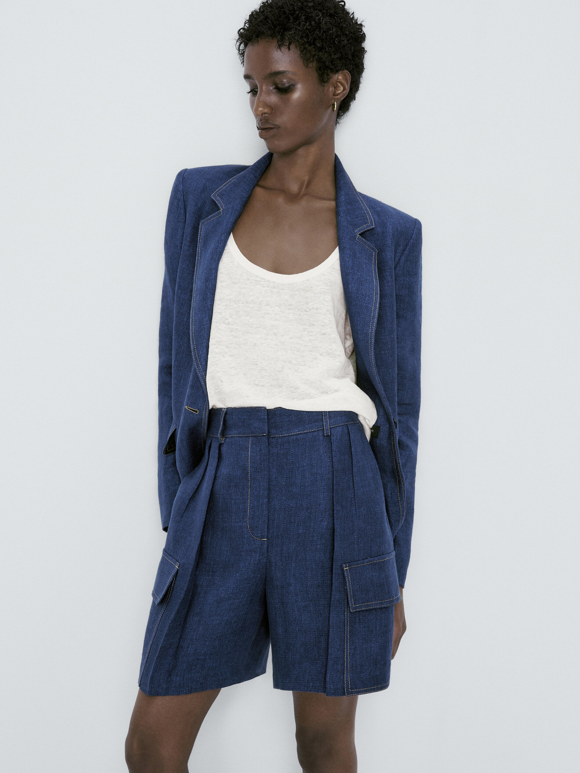 Bermuda cargo lino pespuntes - AZUL MARINO