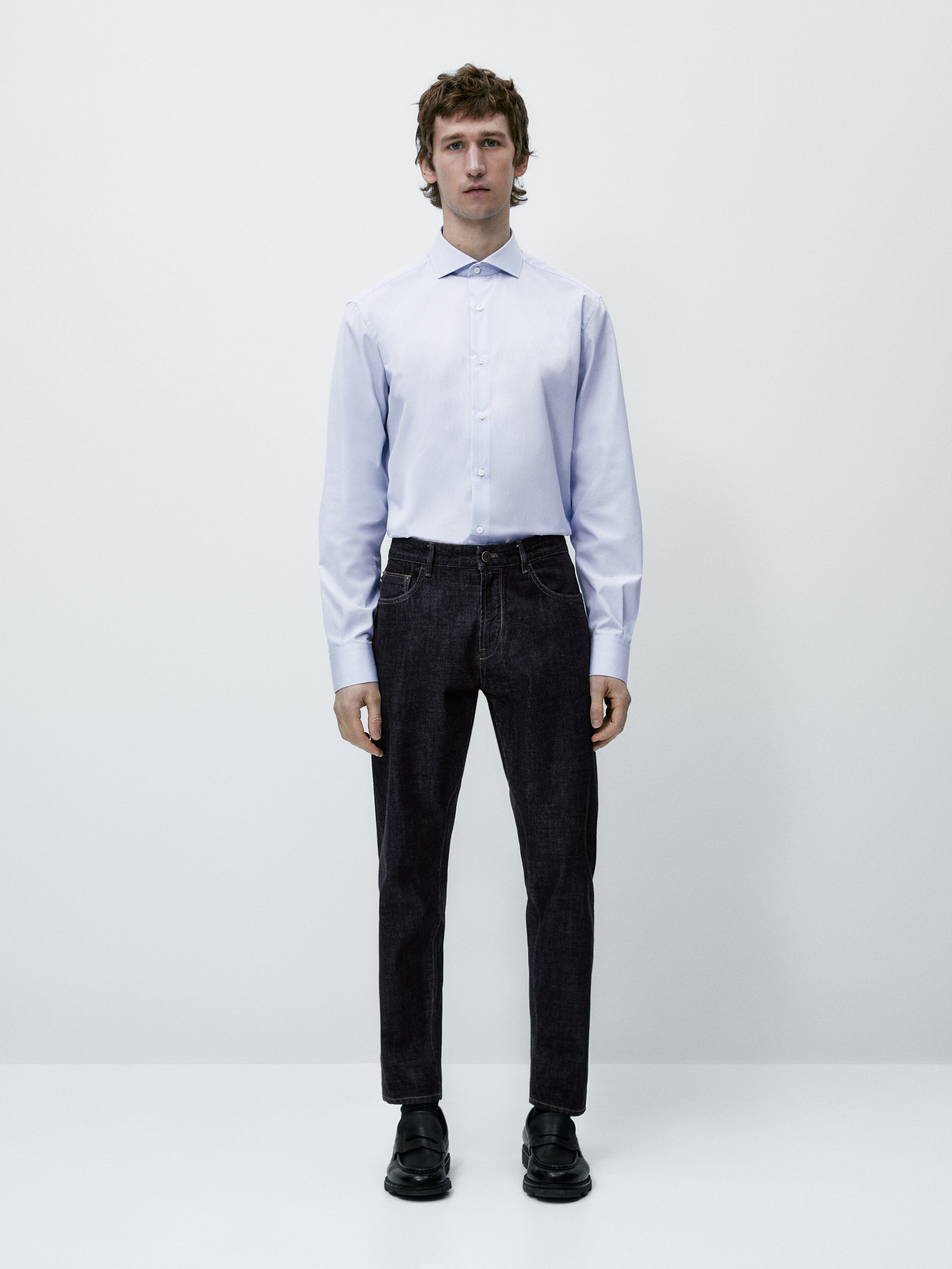 Camisa micro raya easy iron slim fit - CELESTE