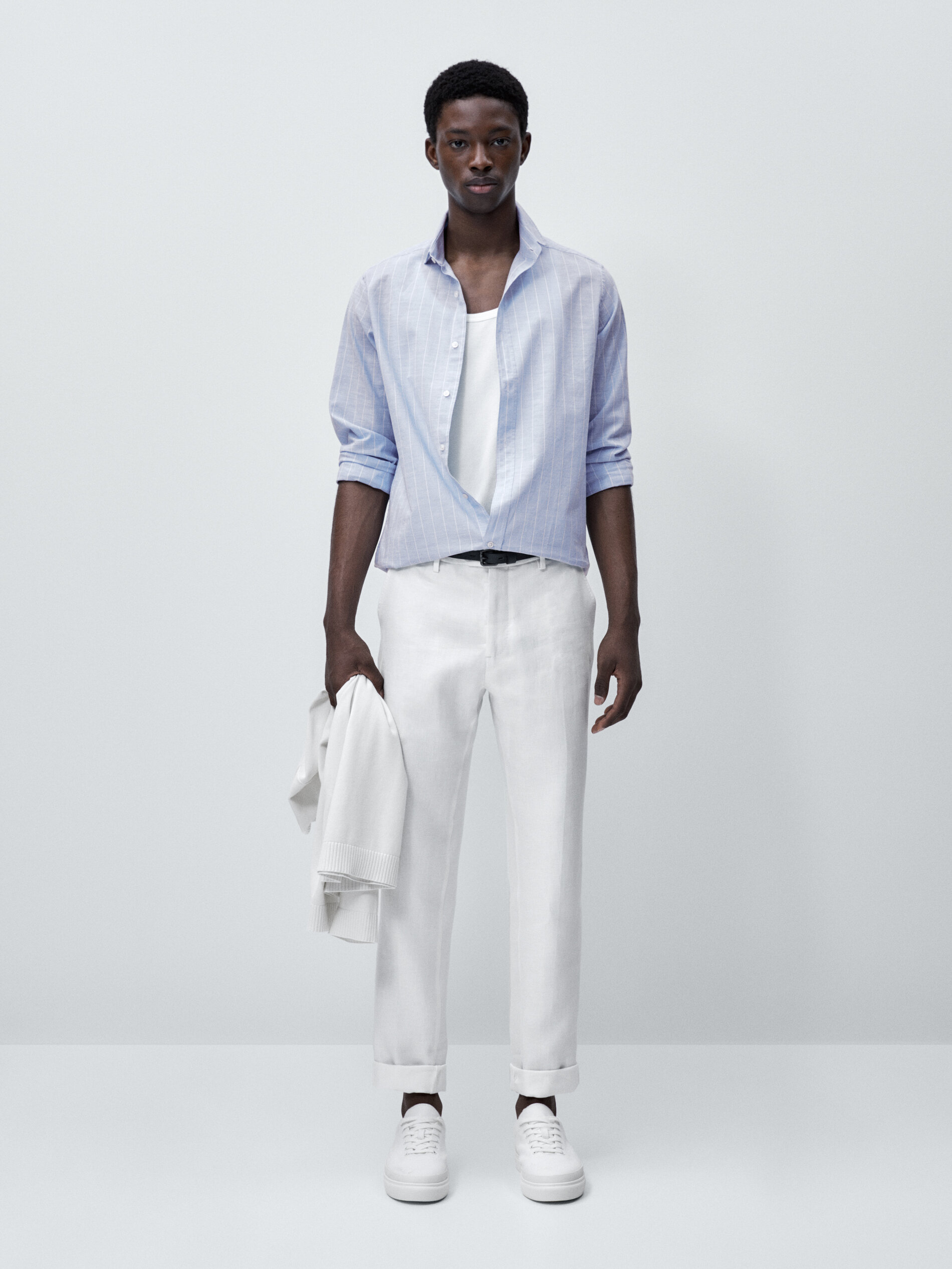 Camisa rayas algodón flamé regular fit - CELESTE