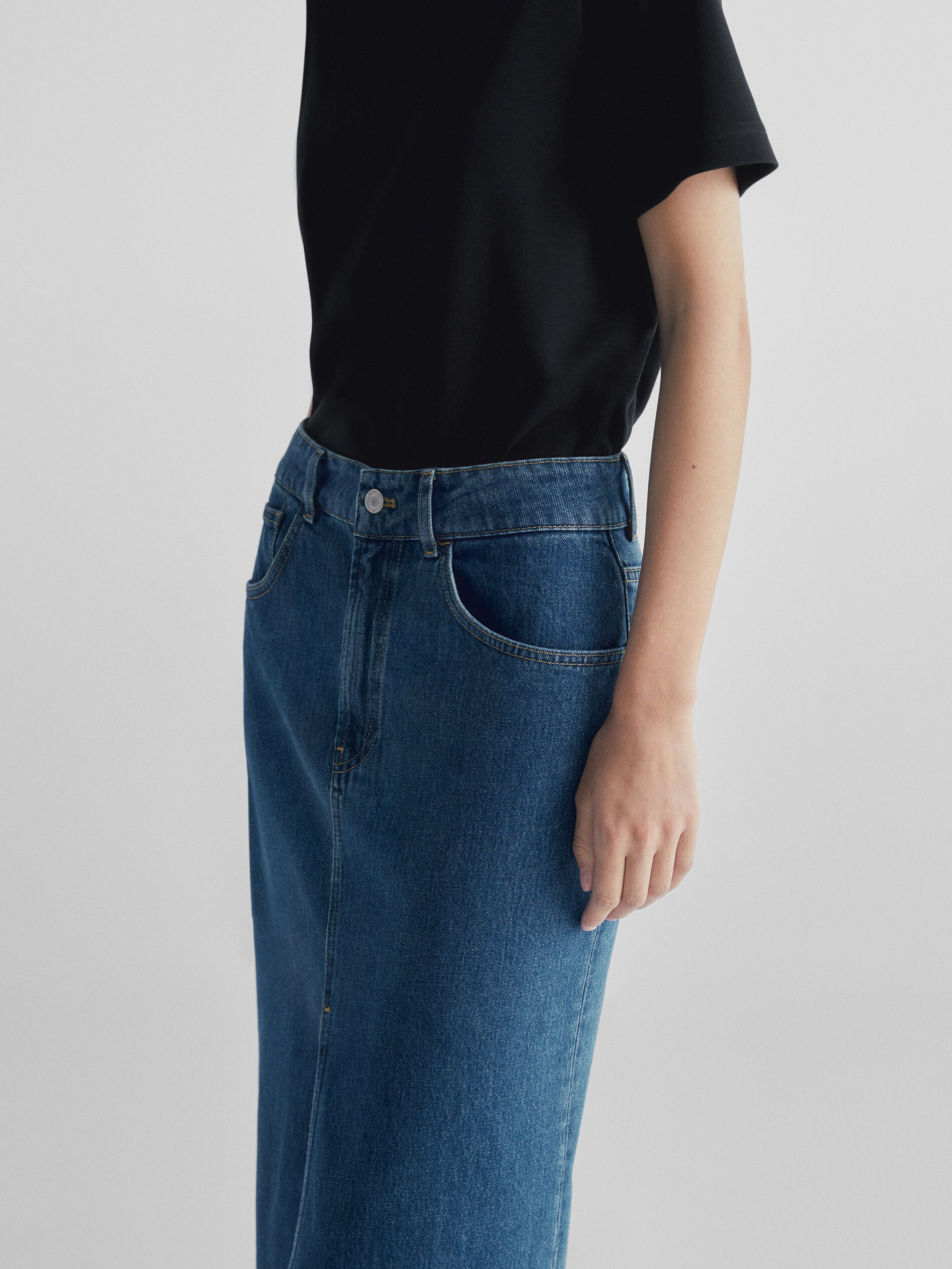 Falda midi denim tiro alto - AZUL MEDIO