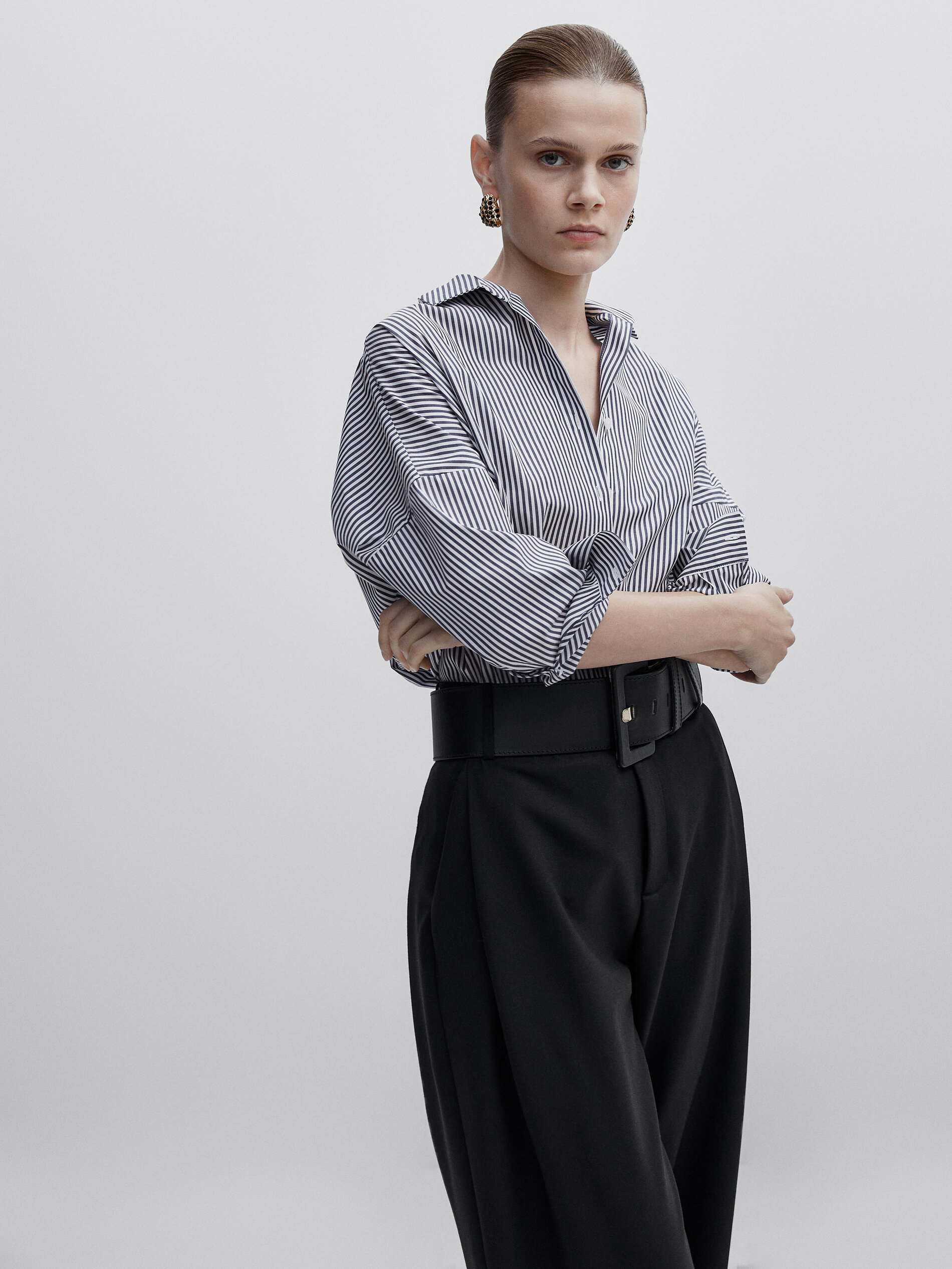 Camisa rayas popelín abertura -Studio - AZUL MARINO