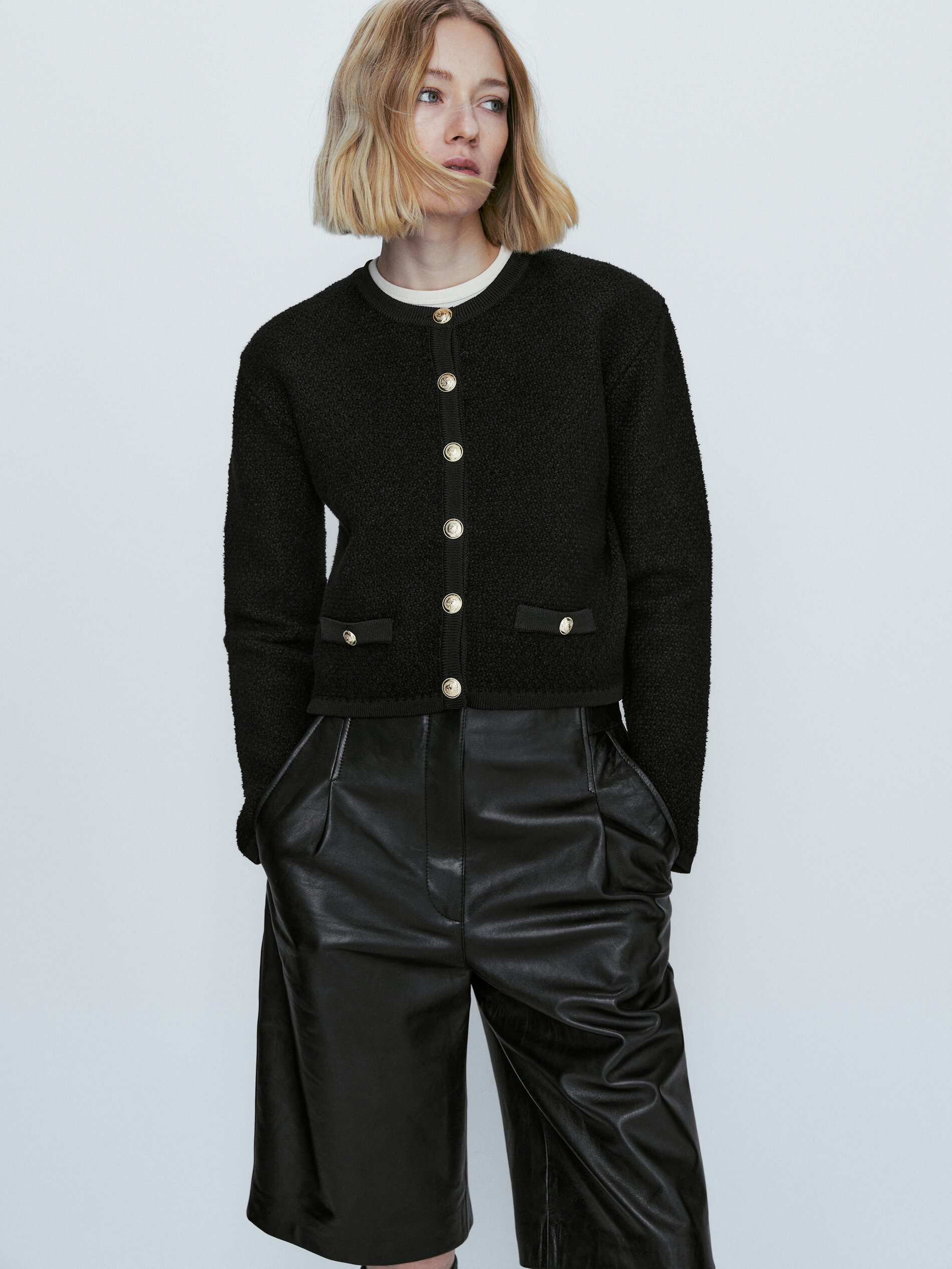 Cárdigan punto bouclé bolsillos - NEGRO