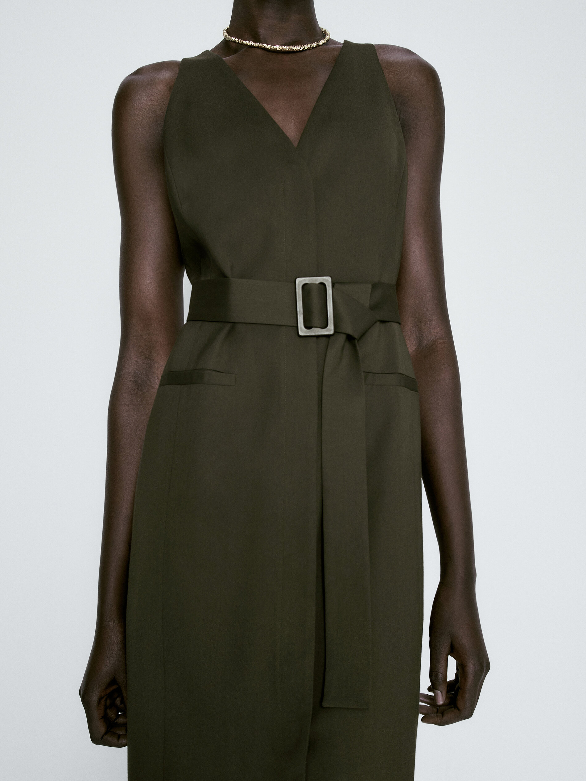 Vestido midi sastre cinturón - KAKI