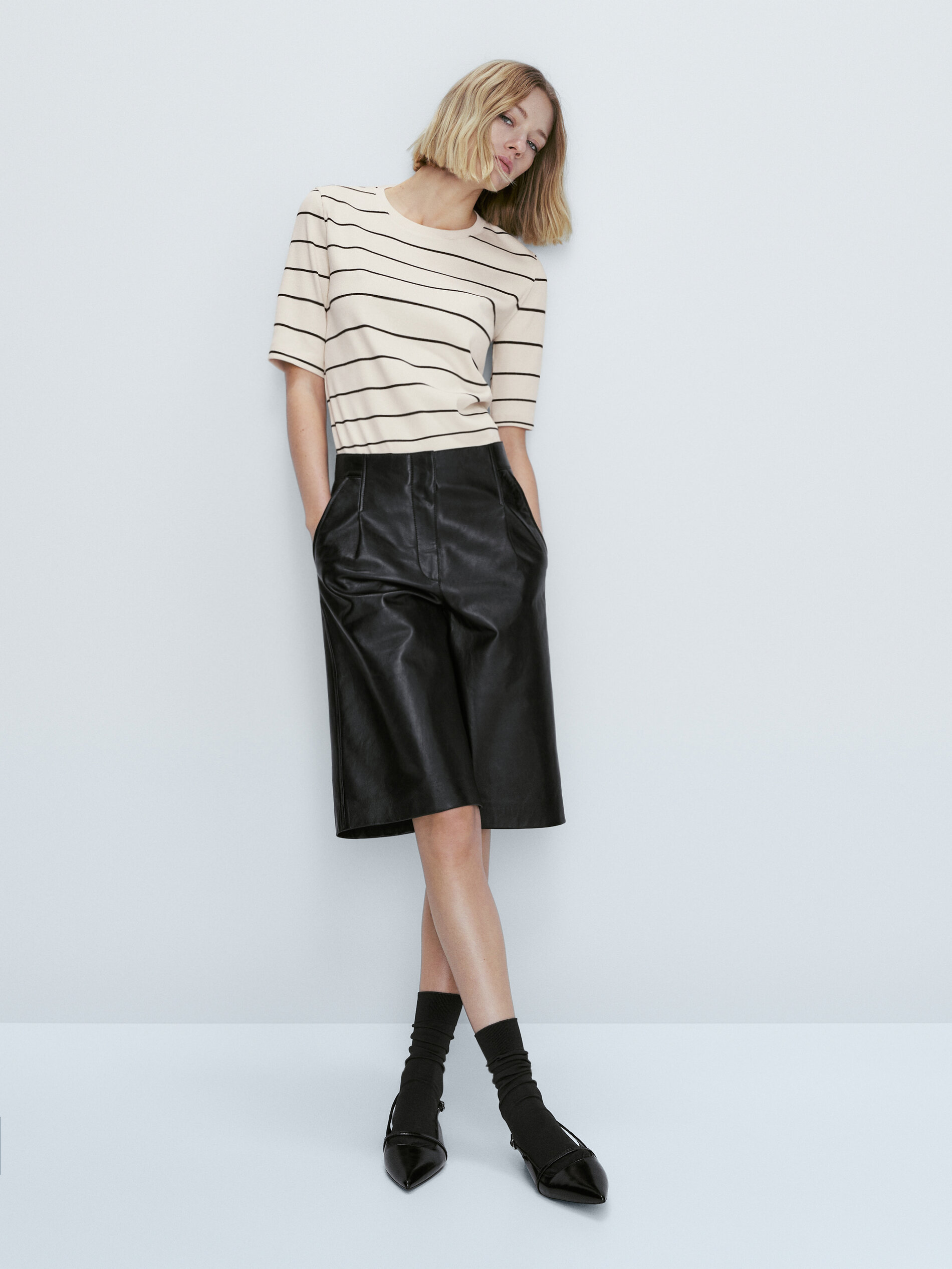 Camiseta rayas canalé manga 3/4 - CRUDO