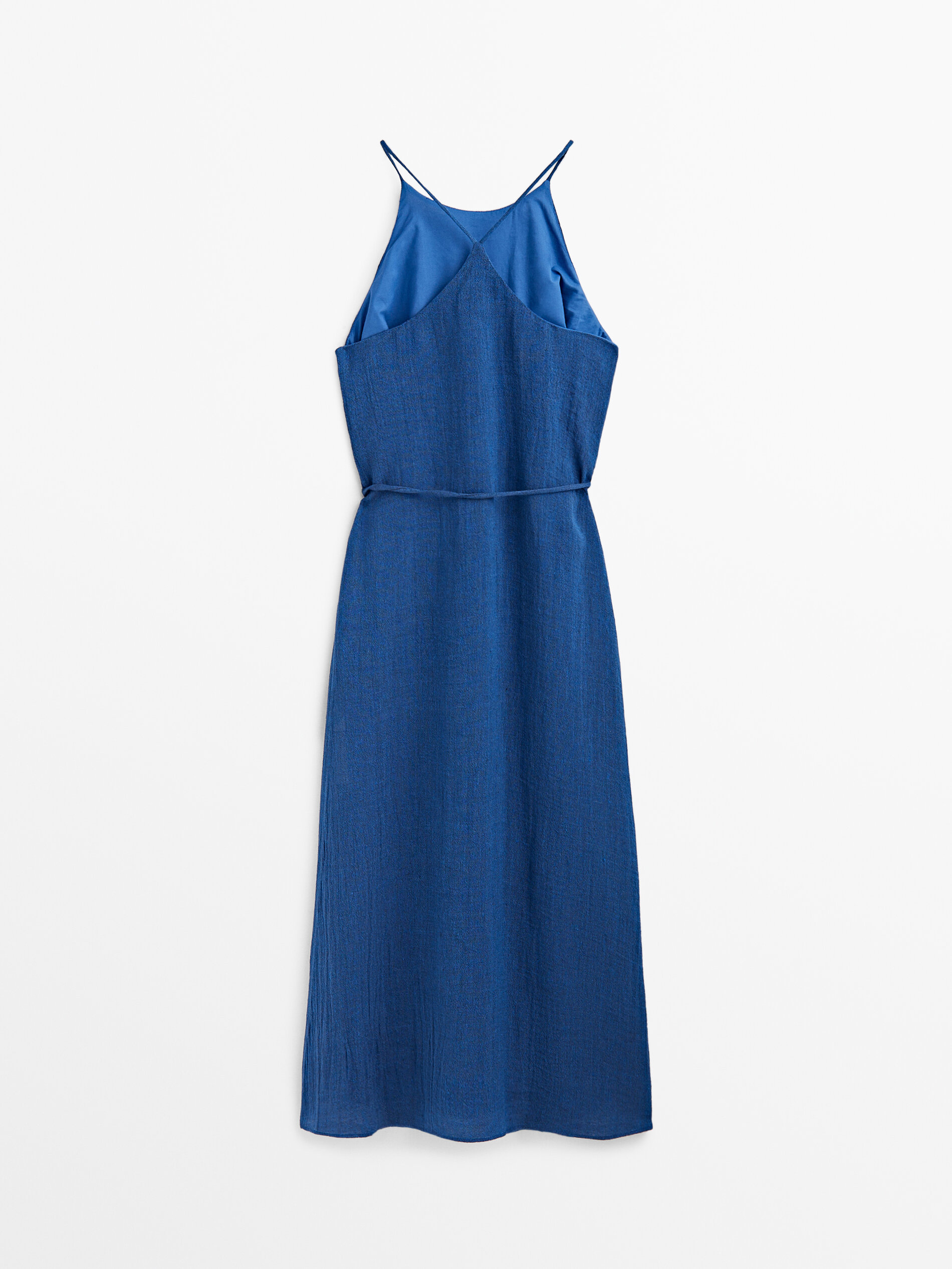 Vestido halter mezcla lino gofrado - AZUL