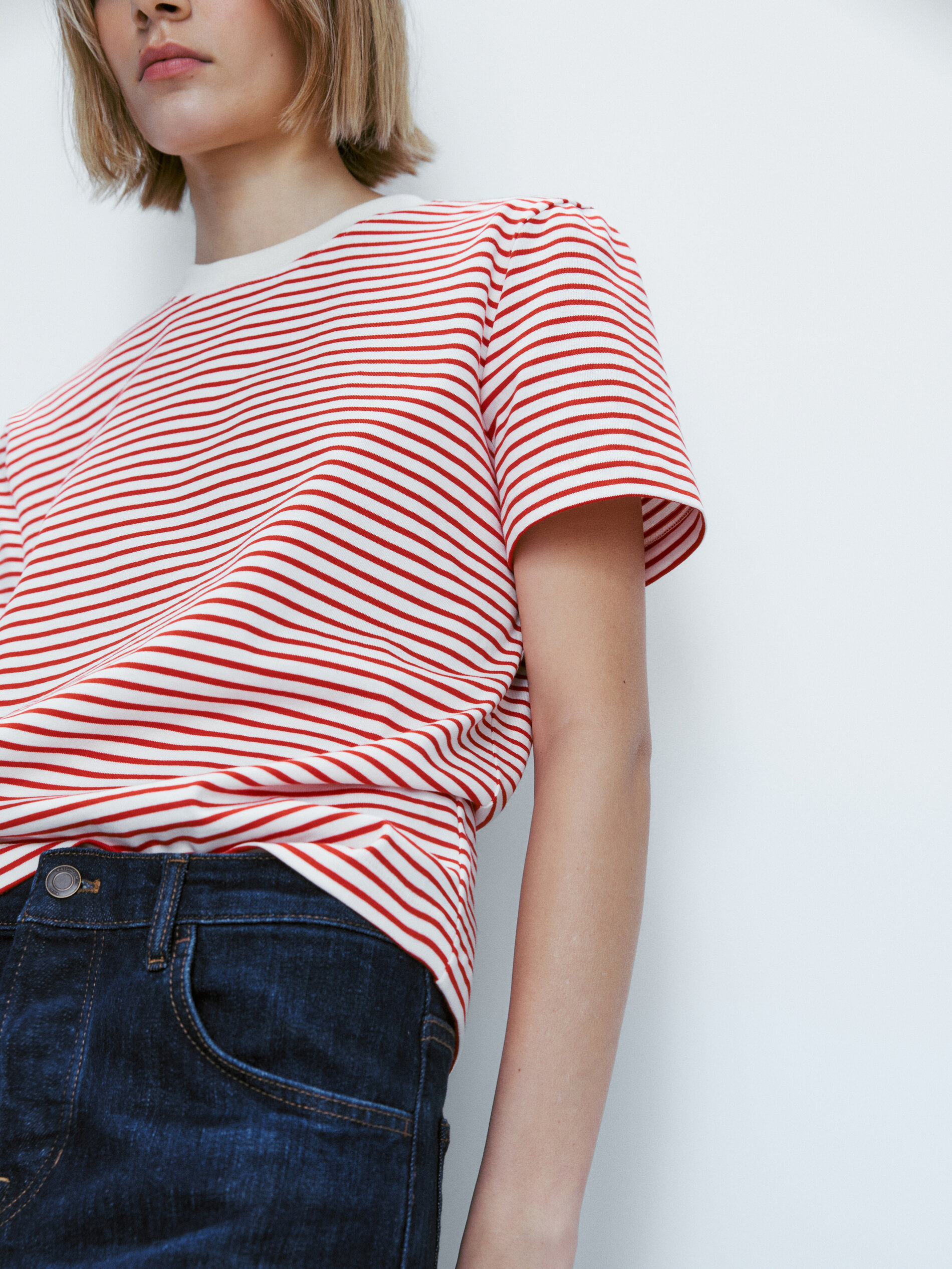 Camiseta rayas cuello contraste algodón - ROJO