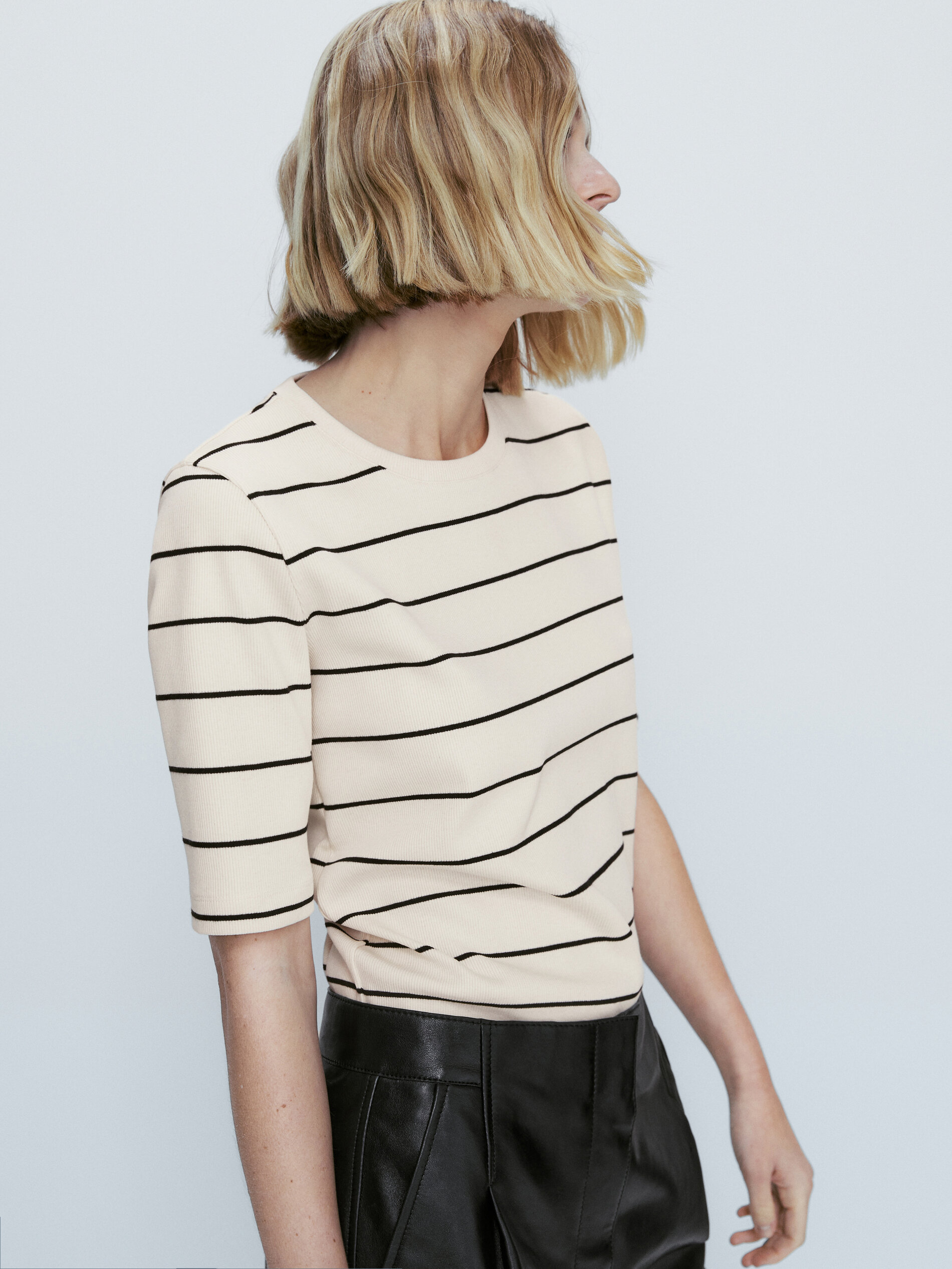 Camiseta rayas canalé manga 3/4 - CRUDO
