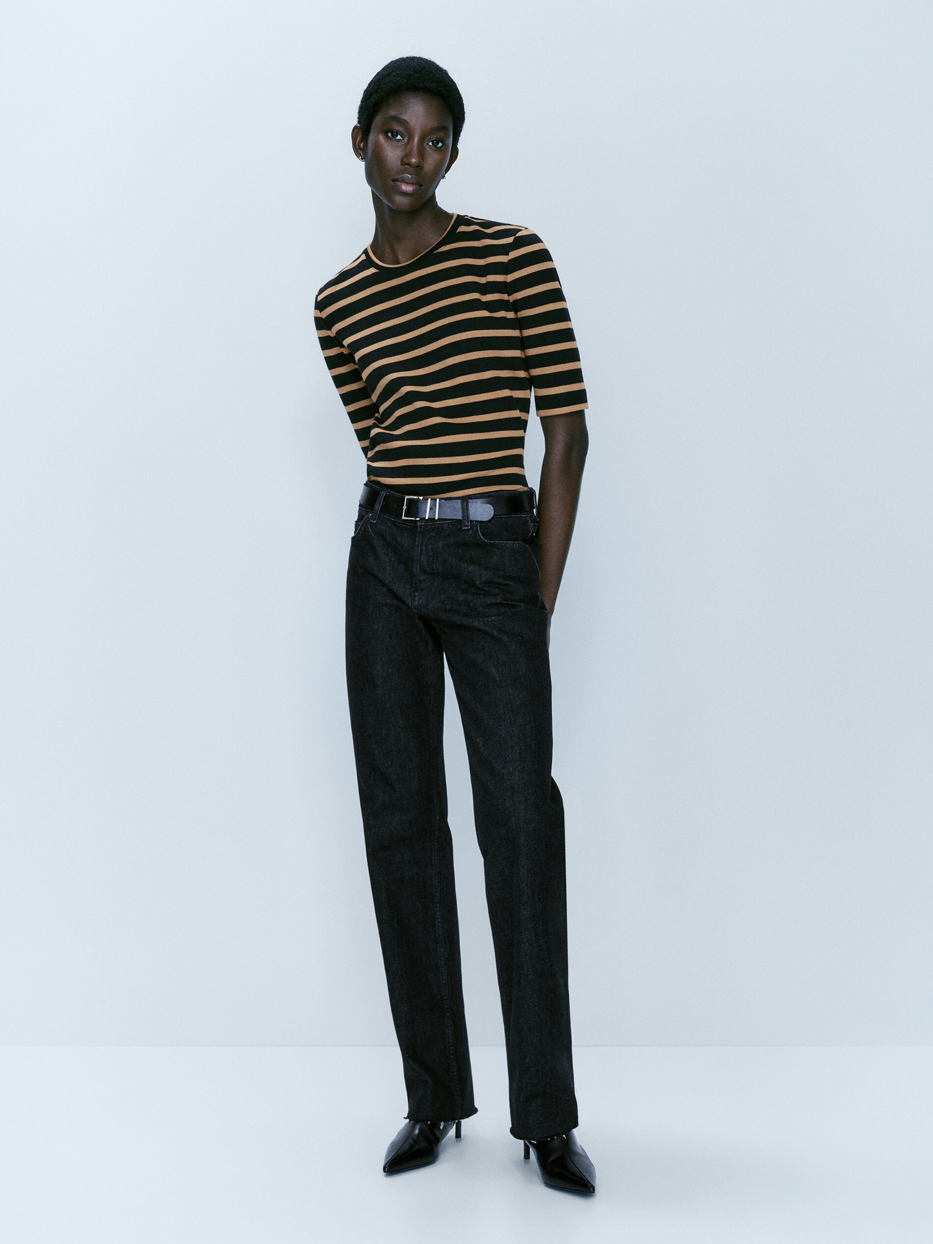 Camiseta rayas manga corta algodón - MARRÓN