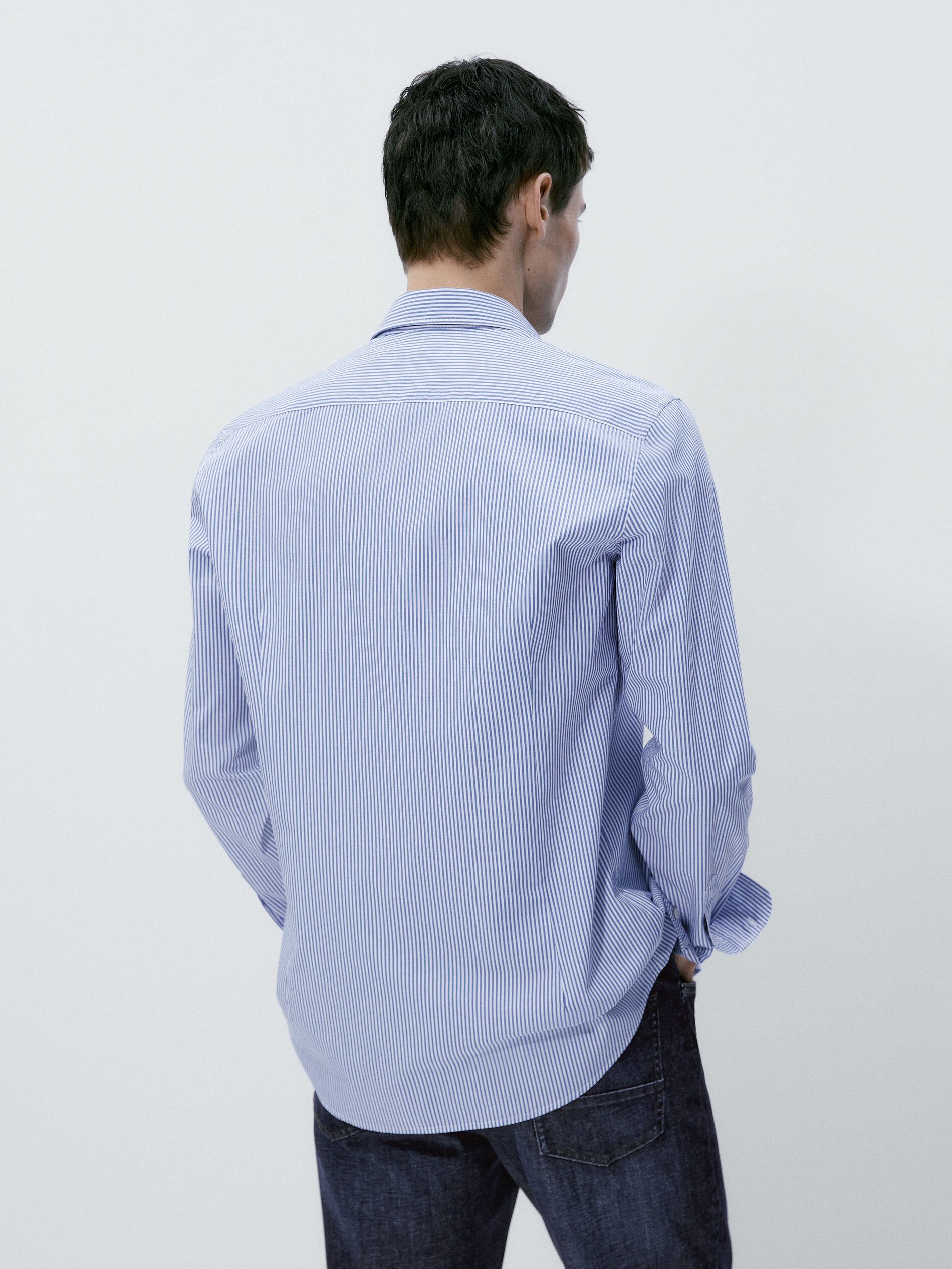 Camisa popelín rayas algodón slim fit - CELESTE
