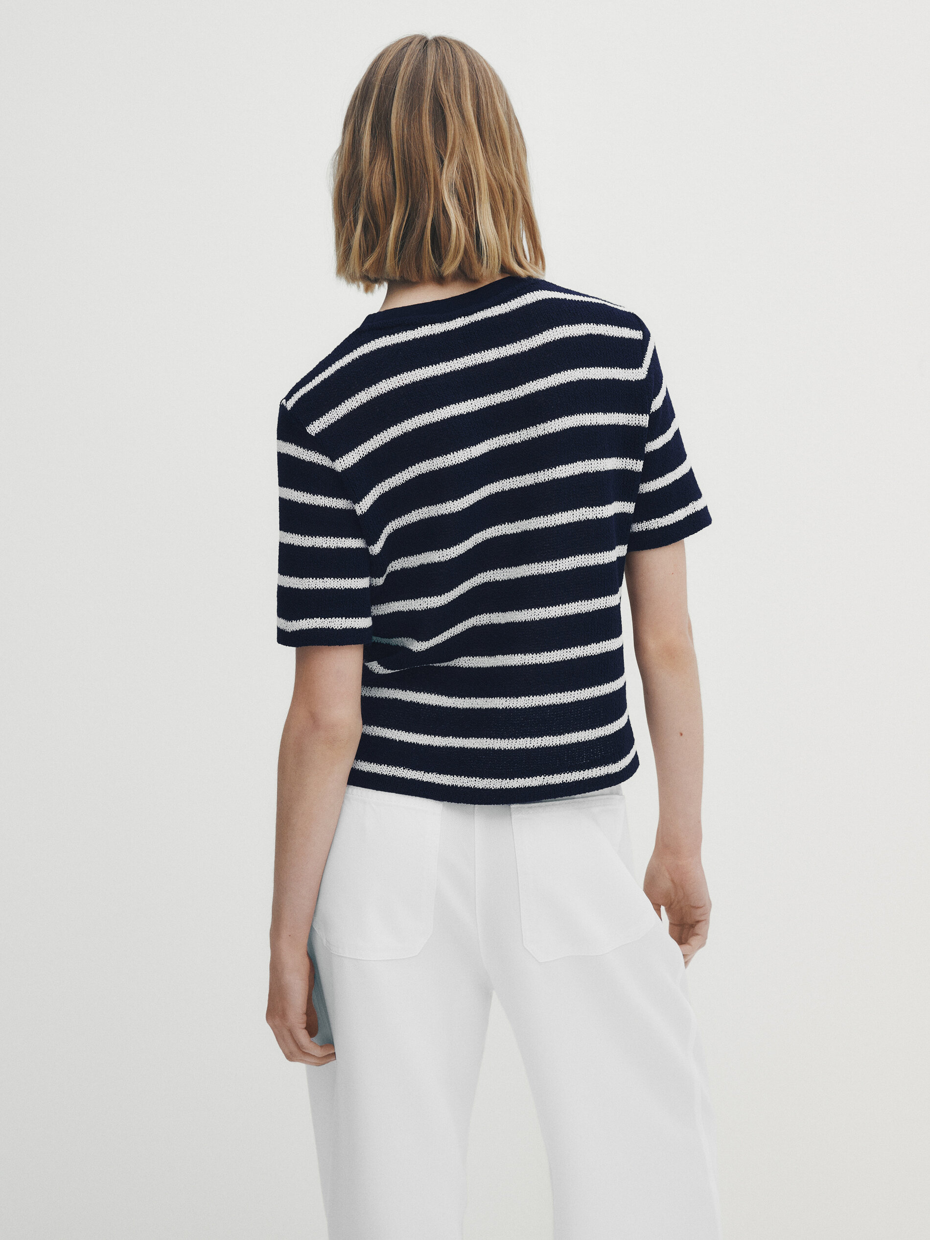 Camiseta rayas mezcla algodón estructura - AZUL MARINO