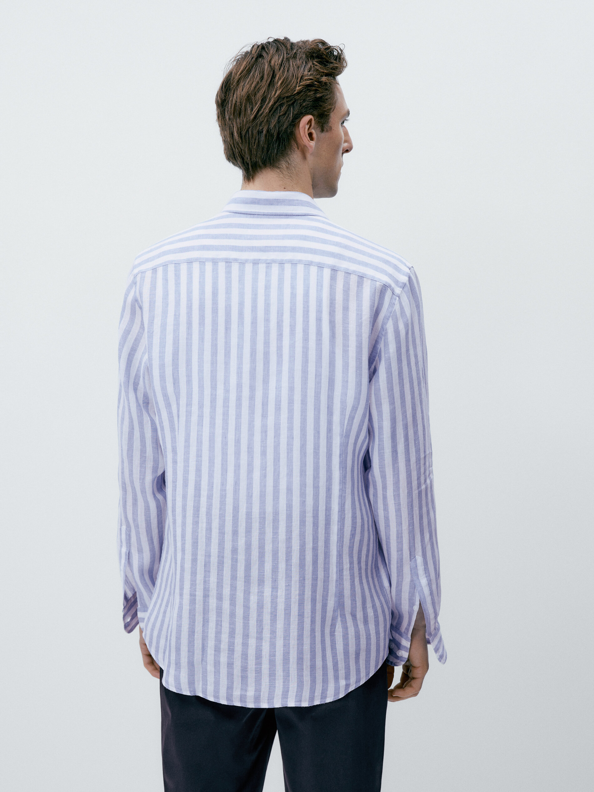 Camisa rayas anchas 100% lino slim fit - CELESTE