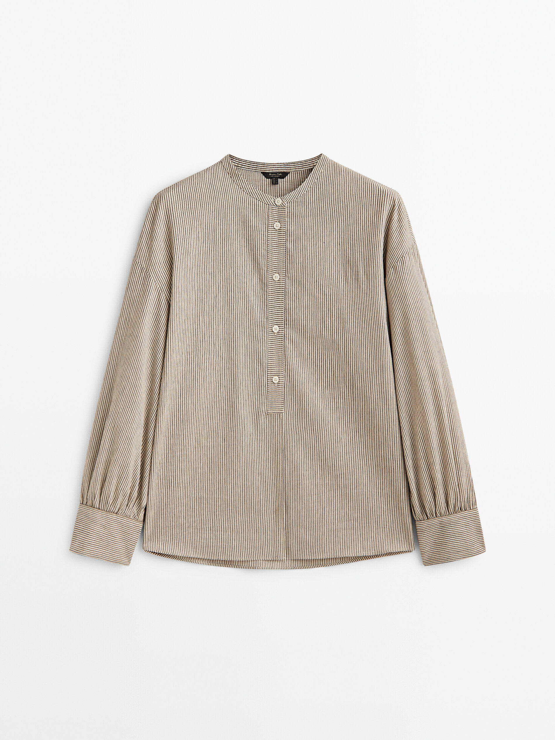 Camisa rayas manga volumen cuello mao - MARRÓN