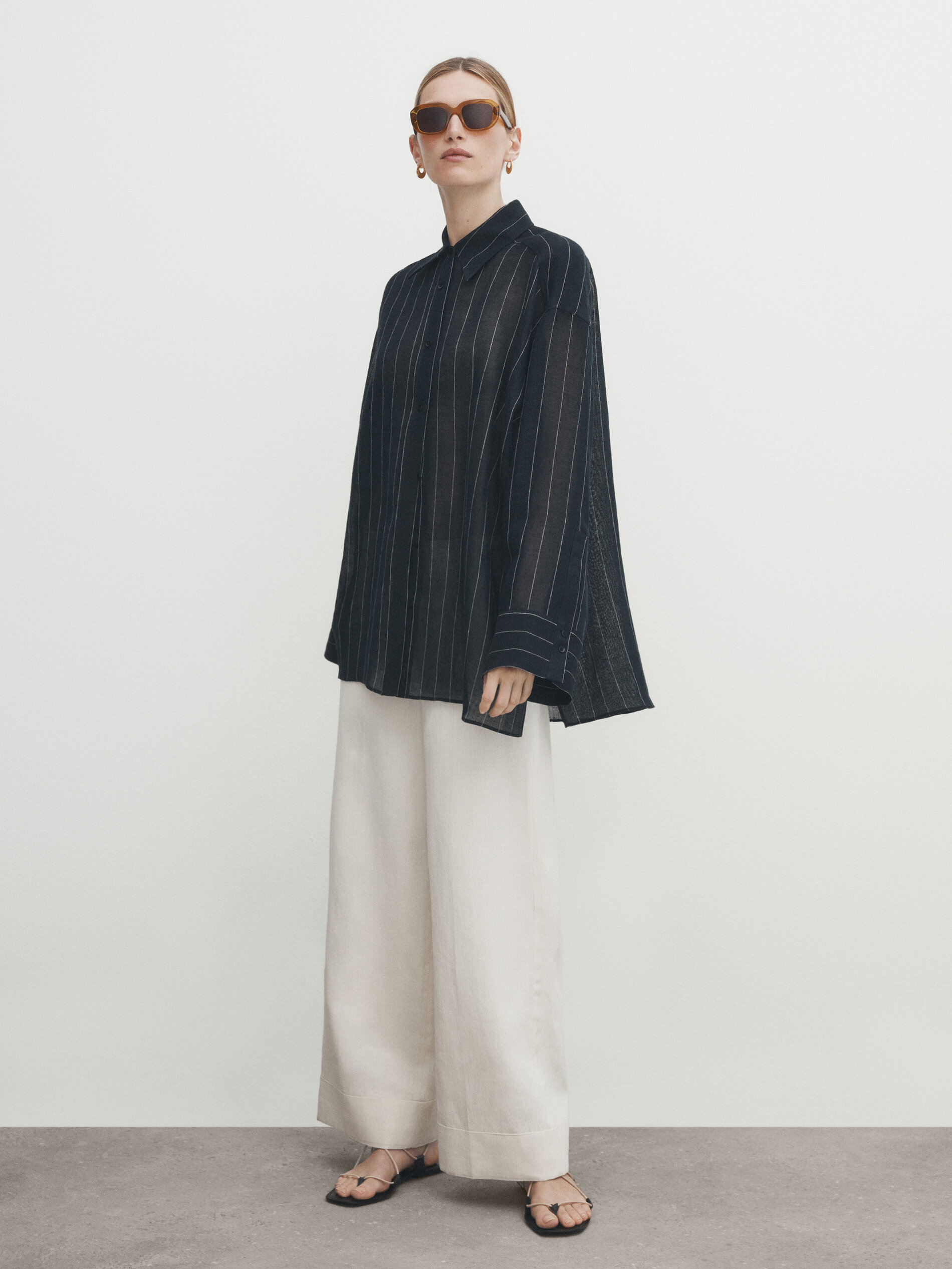 Camisa 100% lino azul marino rayas - AZUL