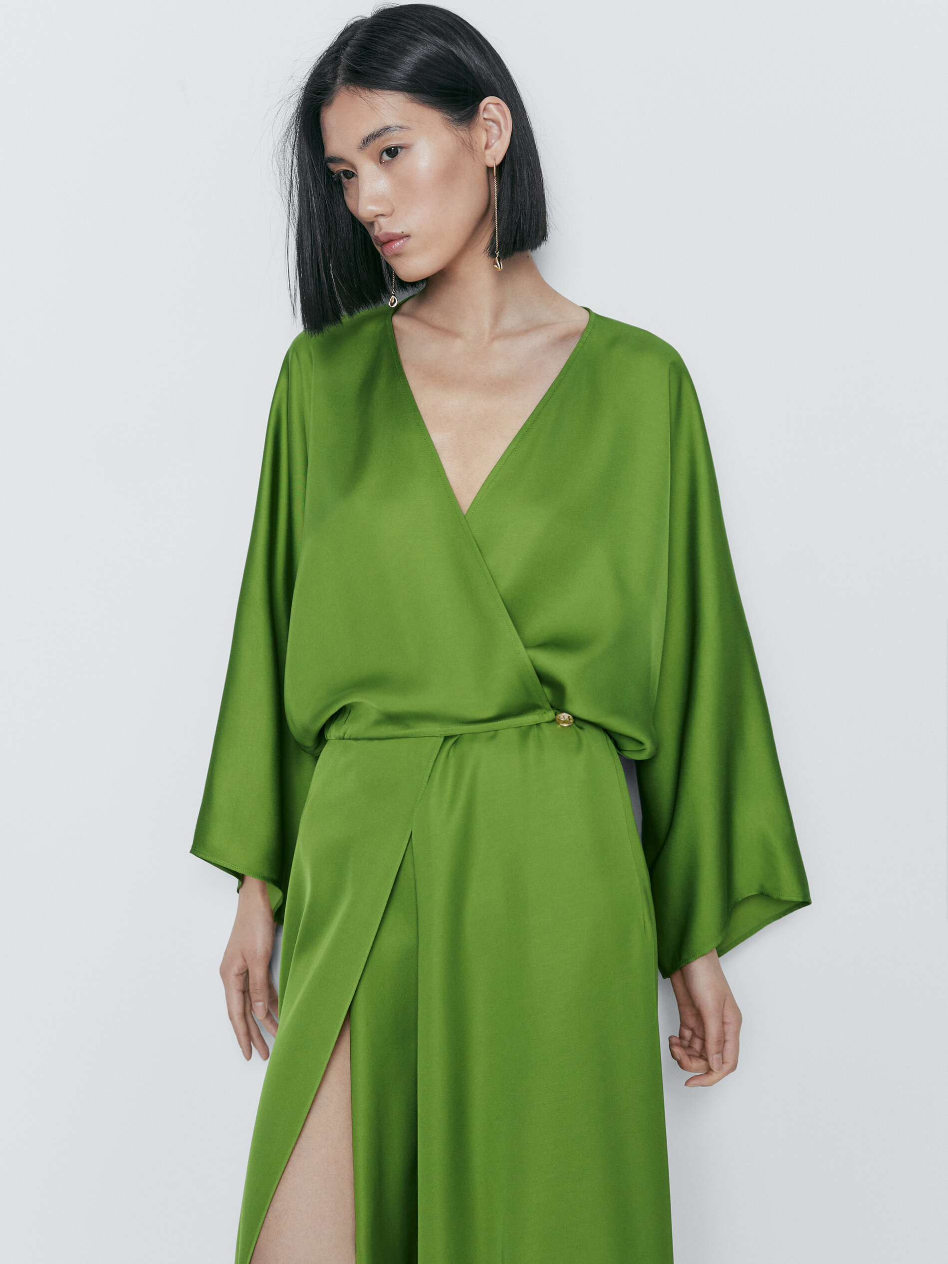 Vestido kimono fluido detalle fajín - VERDE