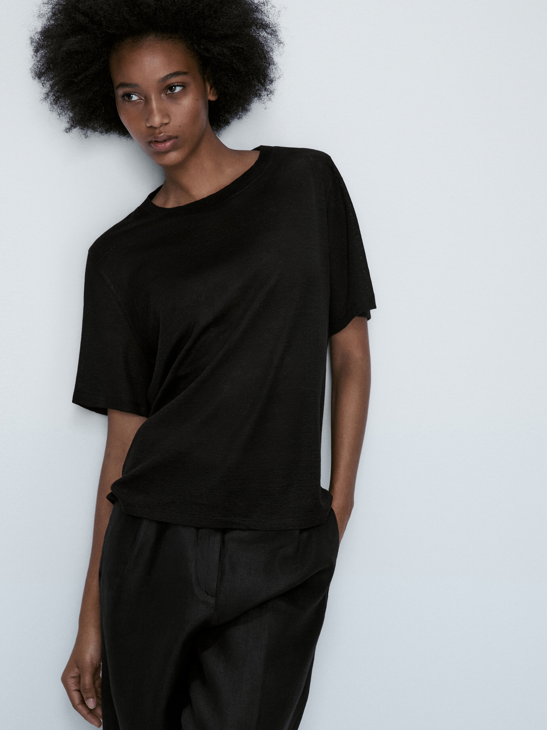 Camiseta manga corta 100% lino - NEGRO