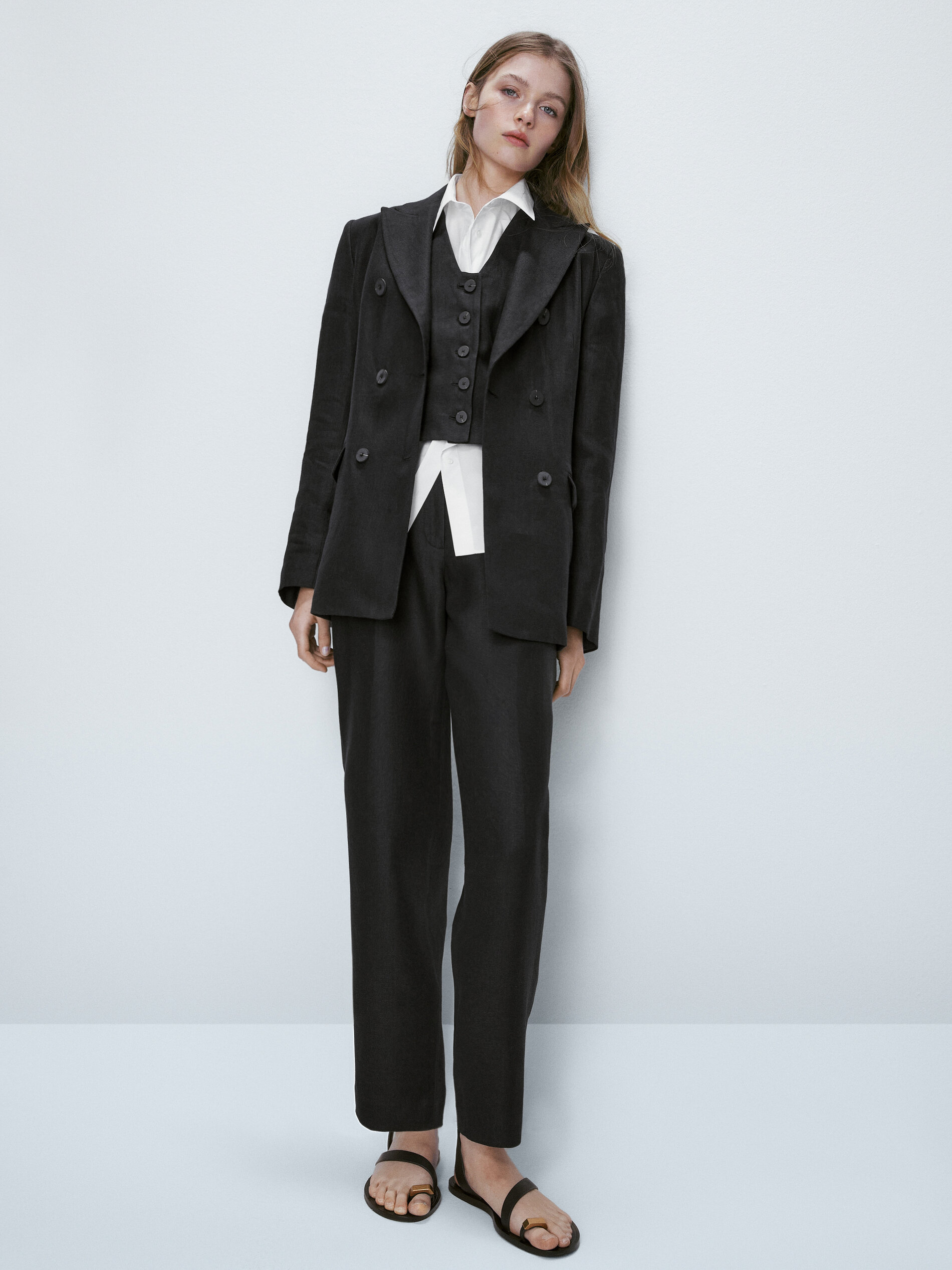 Americana traje cruzada 100% lino - NEGRO