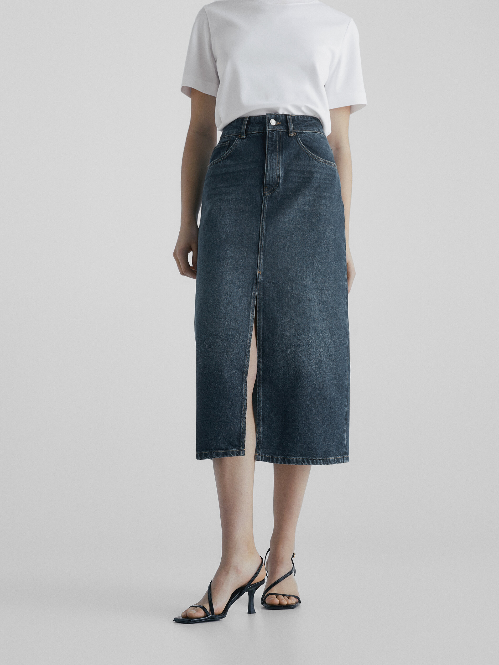 Falda denim tiro alto efecto lavado - AZUL MEDIO