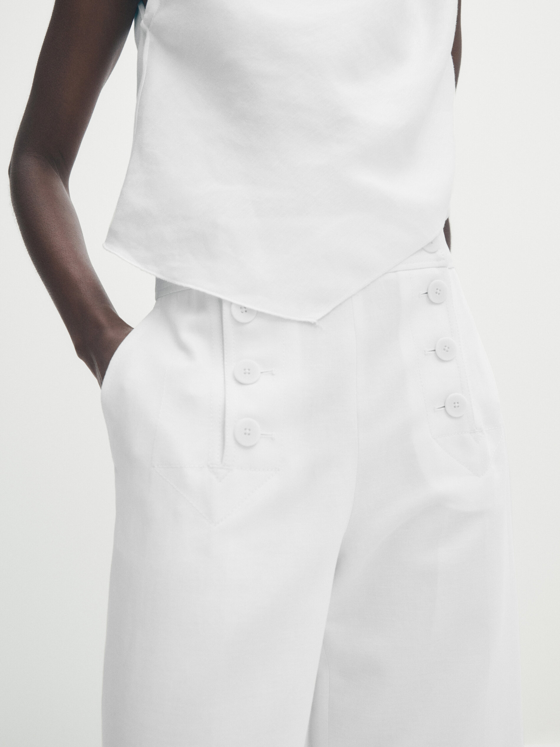 Pantalón ancho mezcla algodón lino botones - BLANCO