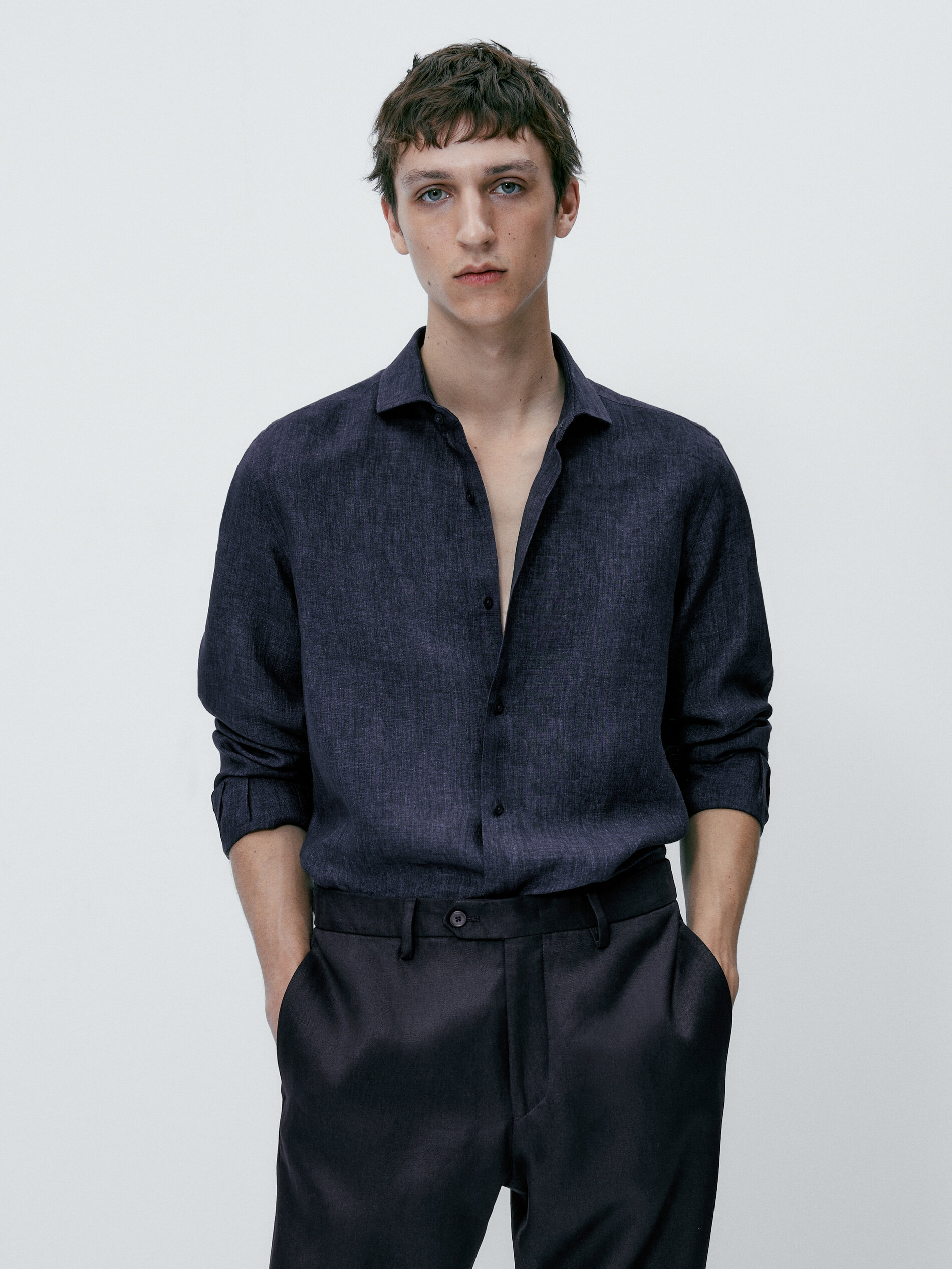 Camisa 100% lino delave slim fit - AZUL MARINO