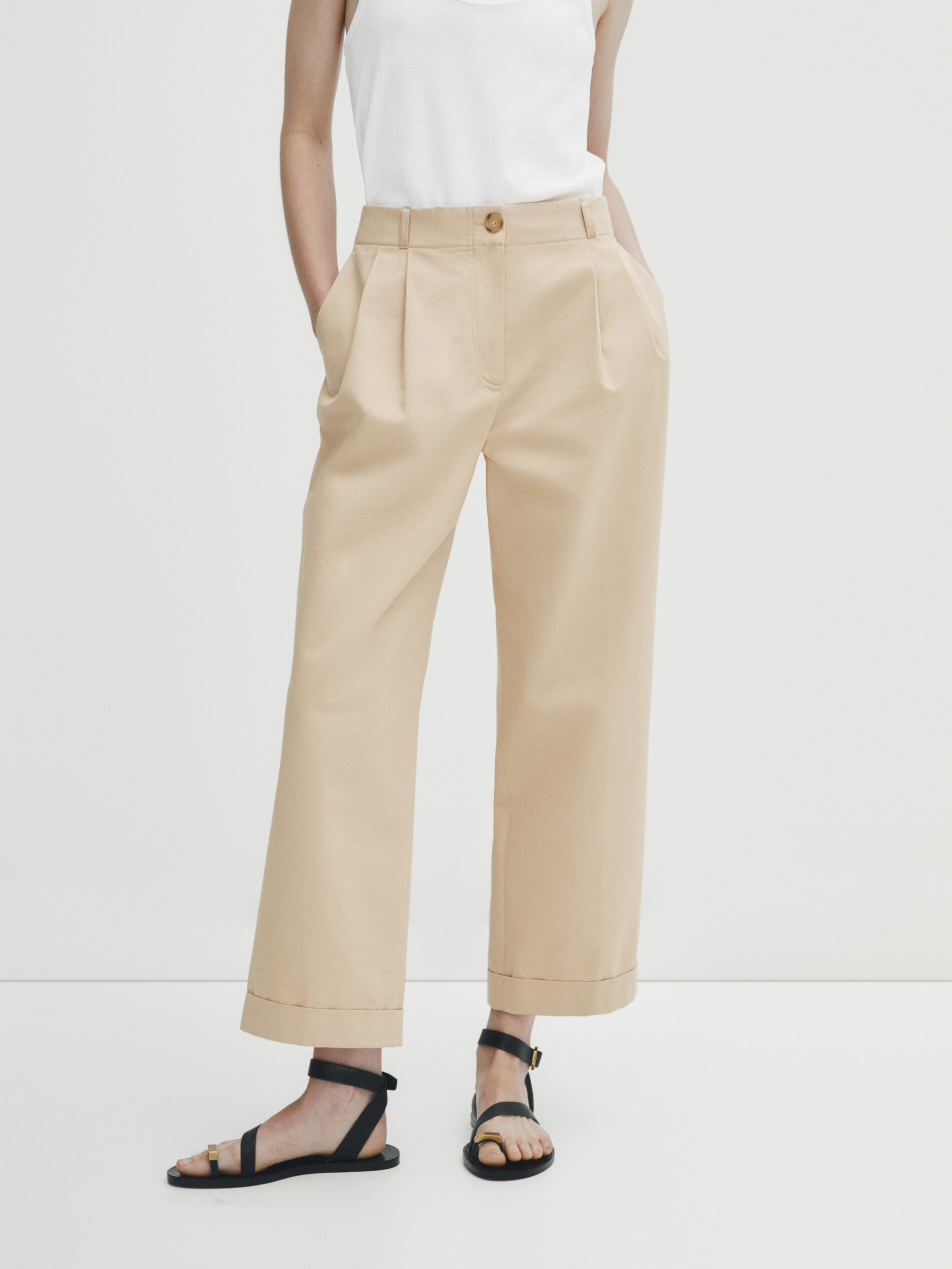 Pantalón pinzas cintura elástica - Beige Claro