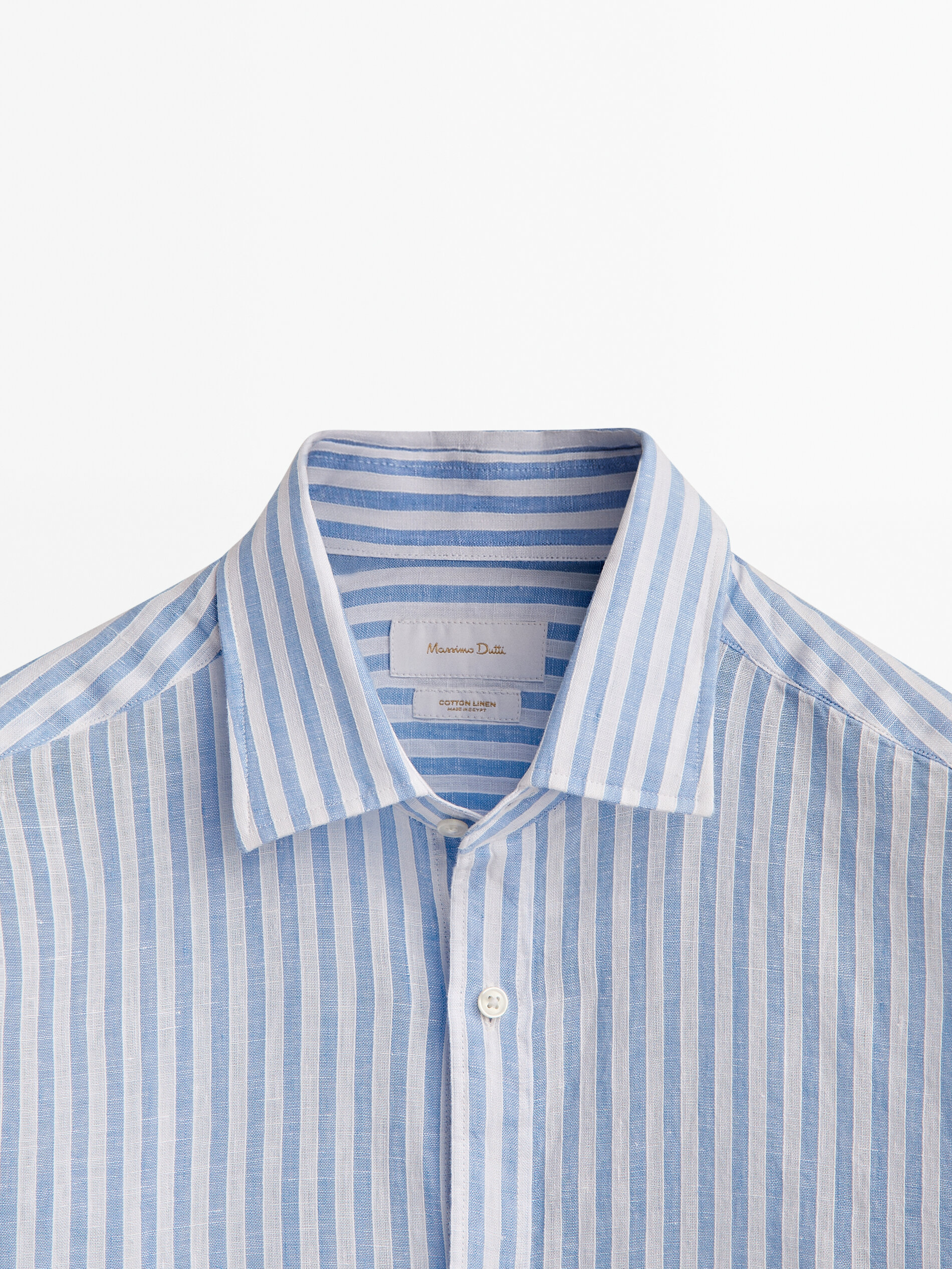 Camisa rayas mezcla lino algodón slim fit - CELESTE