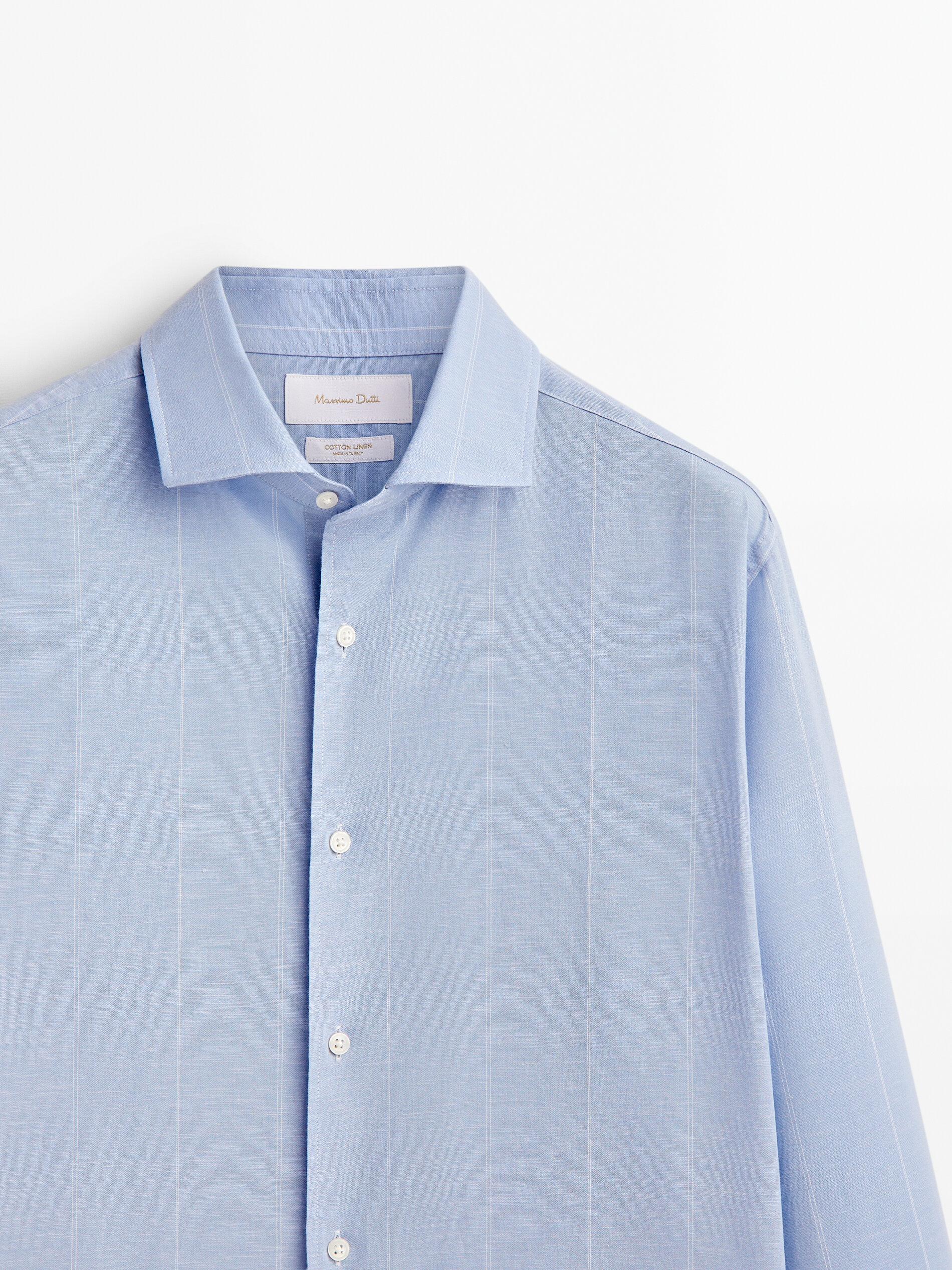 Camisa rayas mezcla lino algodón regular fit - CELESTE