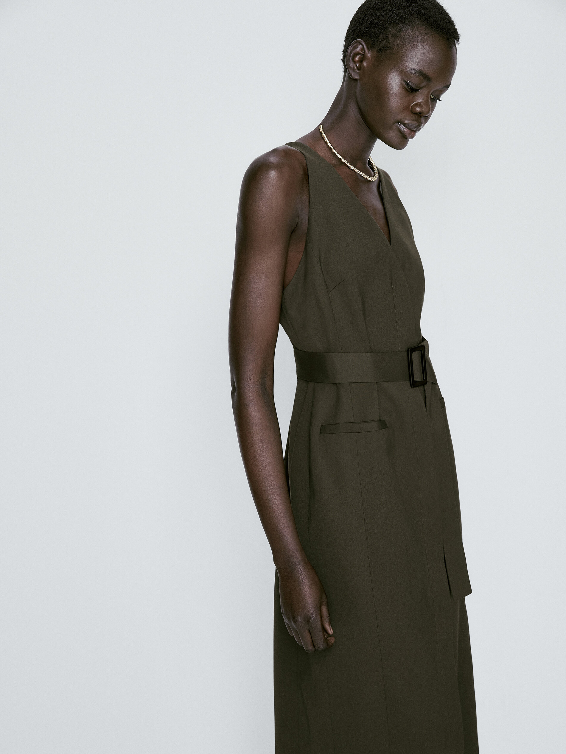 Vestido midi sastre cinturón - KAKI