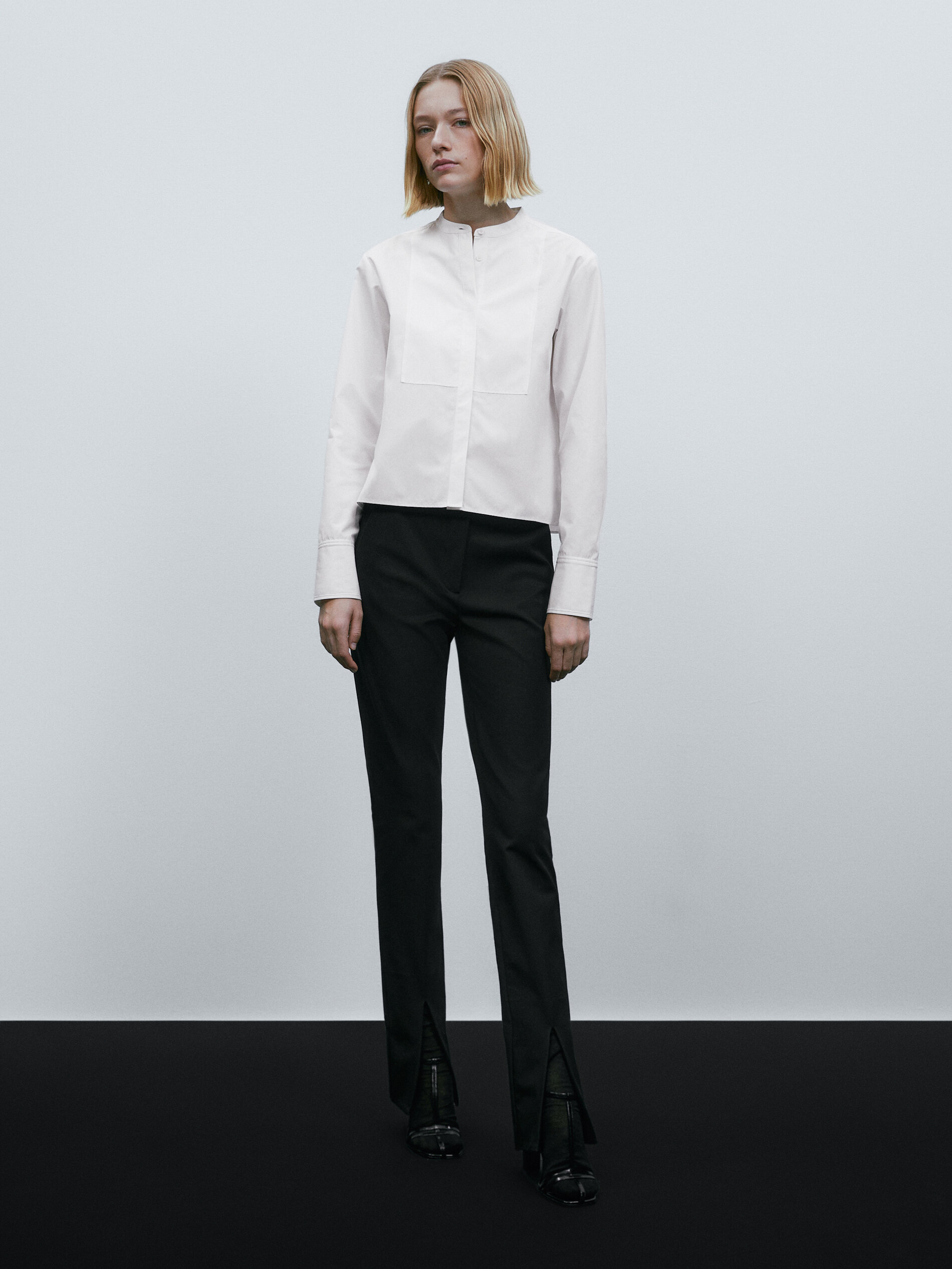 Camisa popelín cuello mao pechera - BLANCO