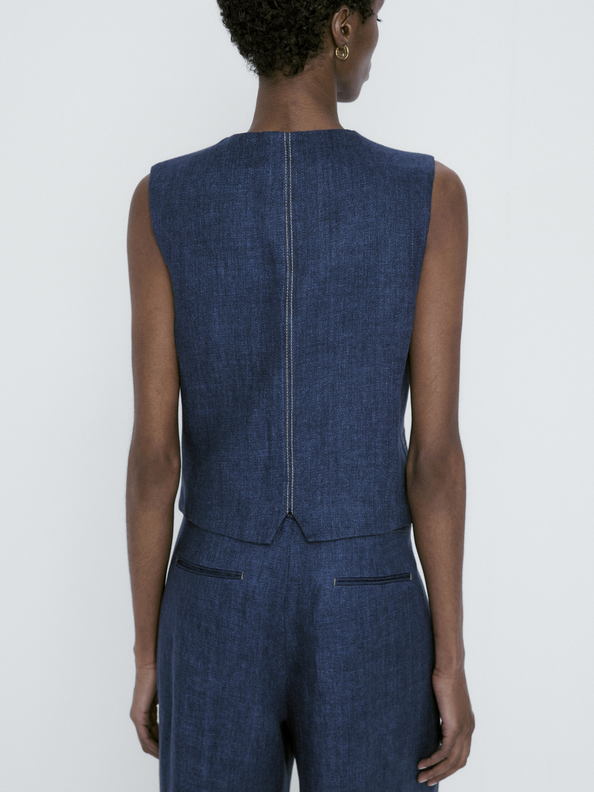 Chaleco corto traje lino pespuntes - AZUL MARINO