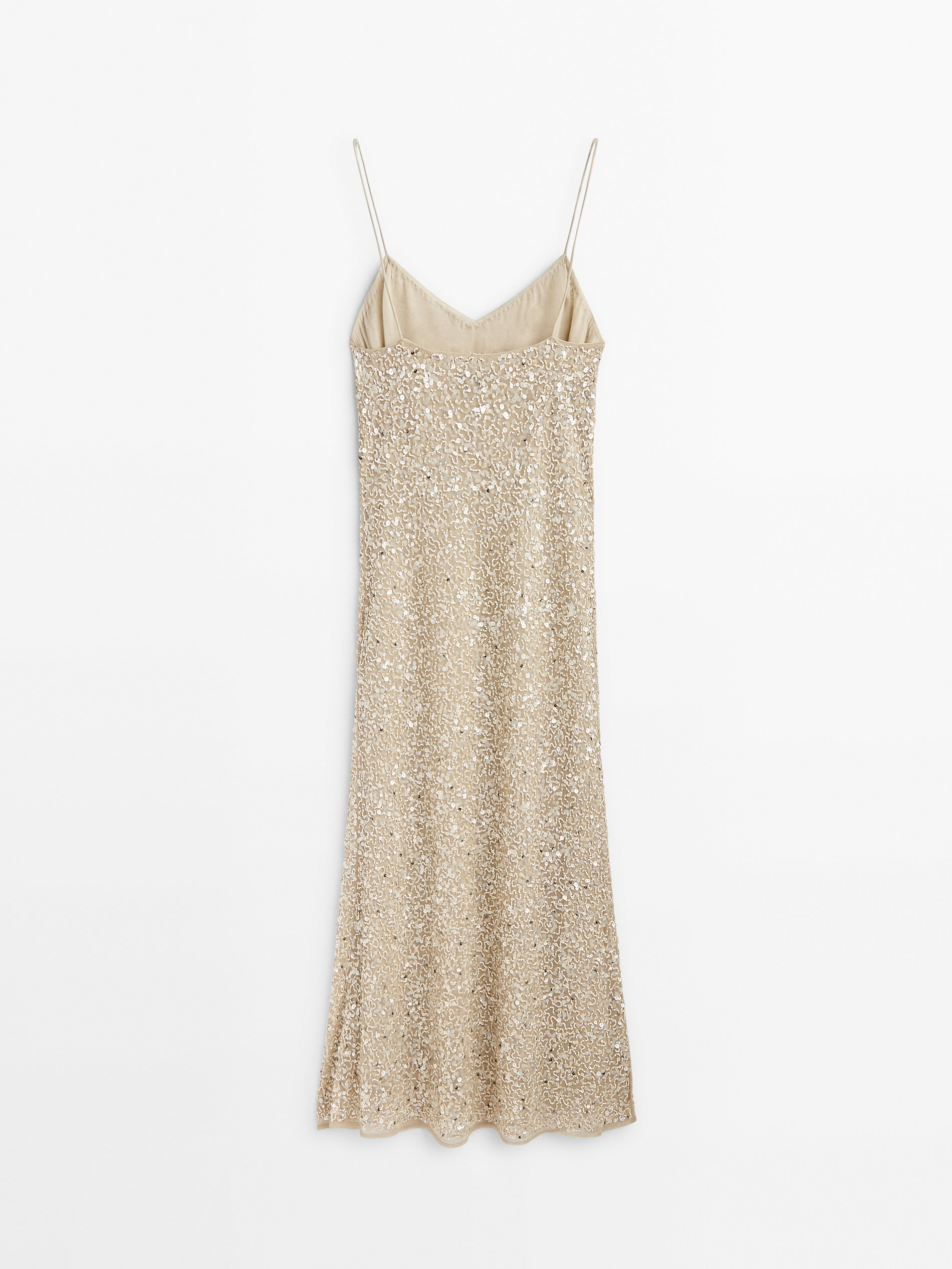 Vestido midi tirantes lentejuelas - BEIGE
