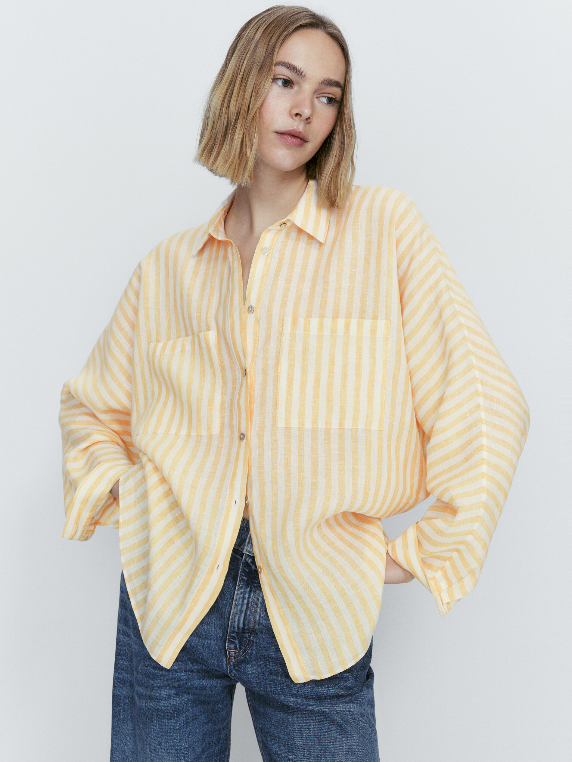 Camisa rayas 100% lino bolsillos - AMARILLO
