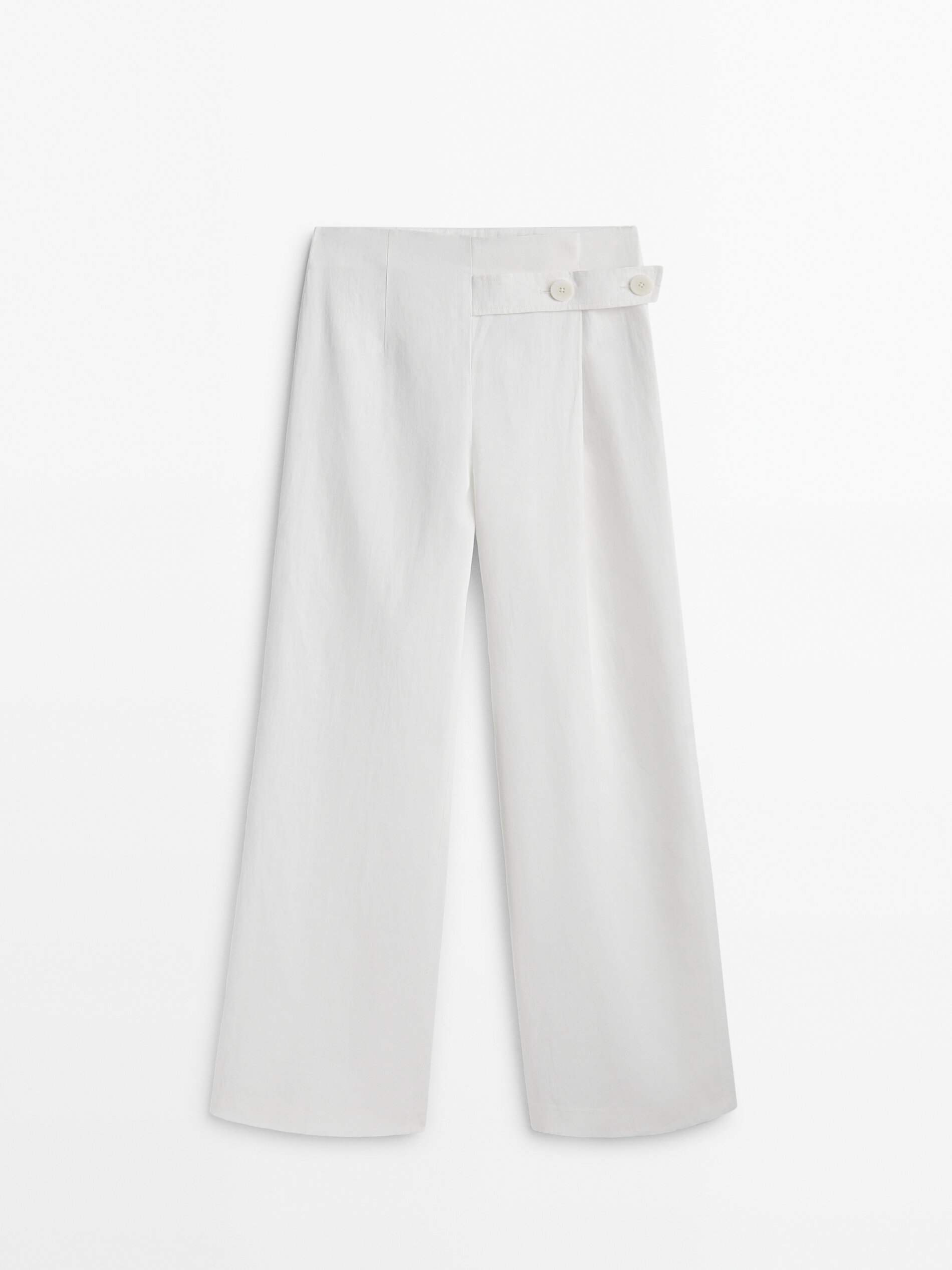 Pantalón ancho lino encerado tira abotonada - BLANCO