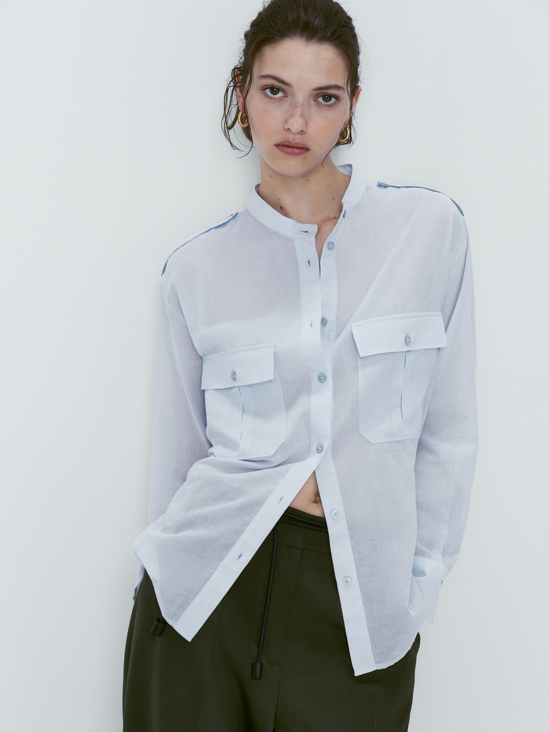 Camisa voile algodón bolsillos - AZUL