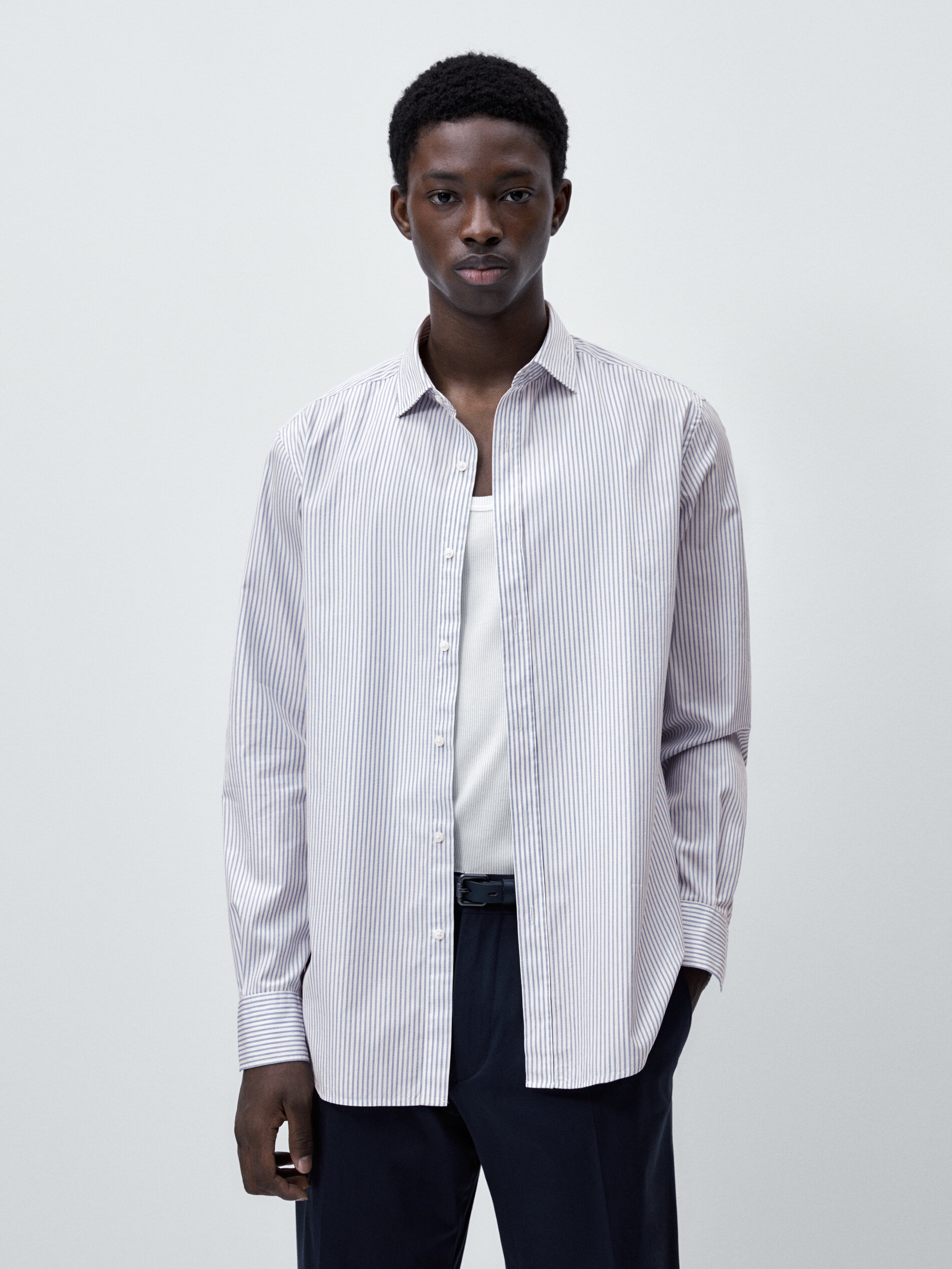 Camisa popelín algodón micro rayas slim fit - AZUL MARINO