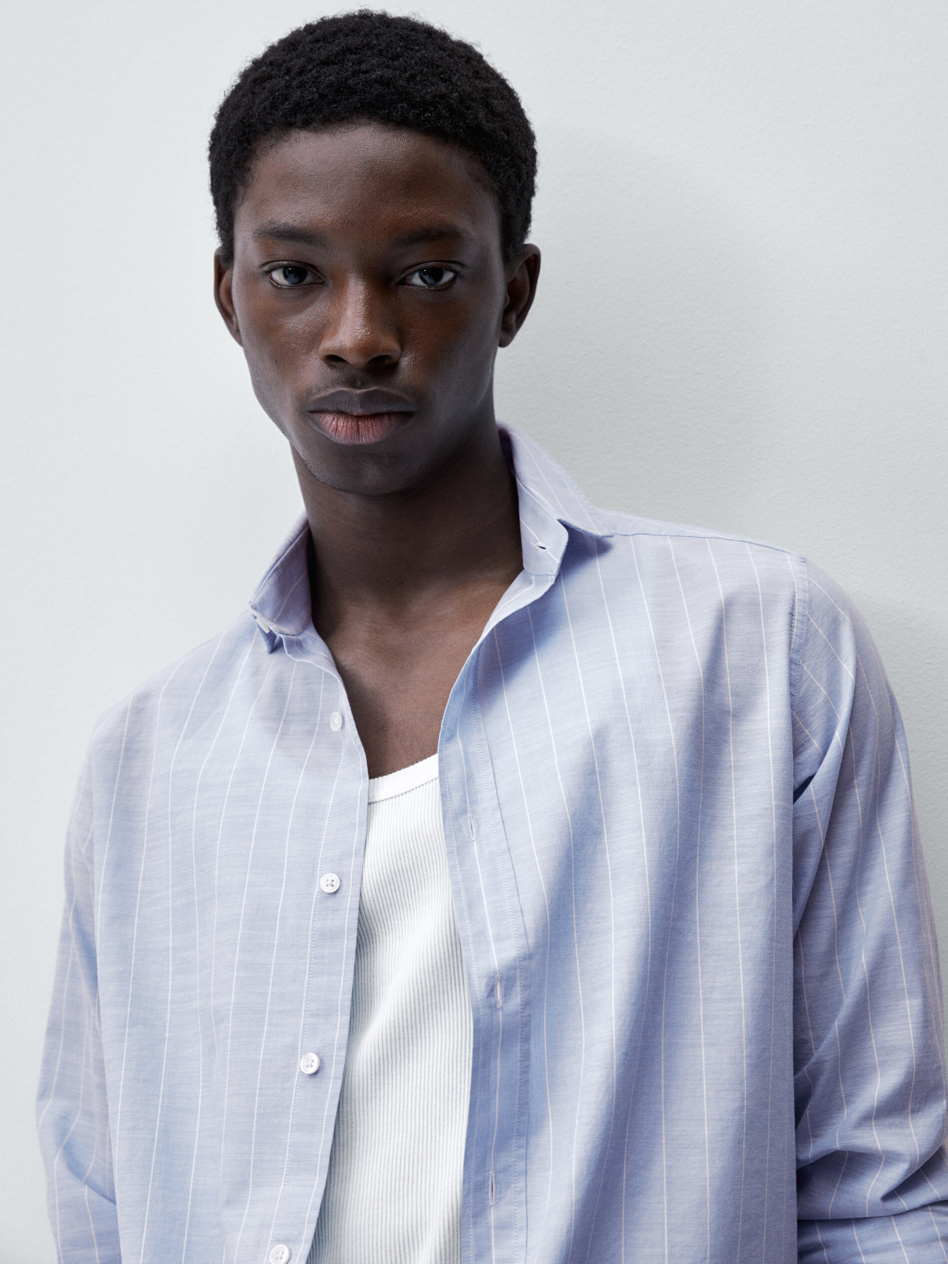 Camisa rayas algodón flamé regular fit - CELESTE