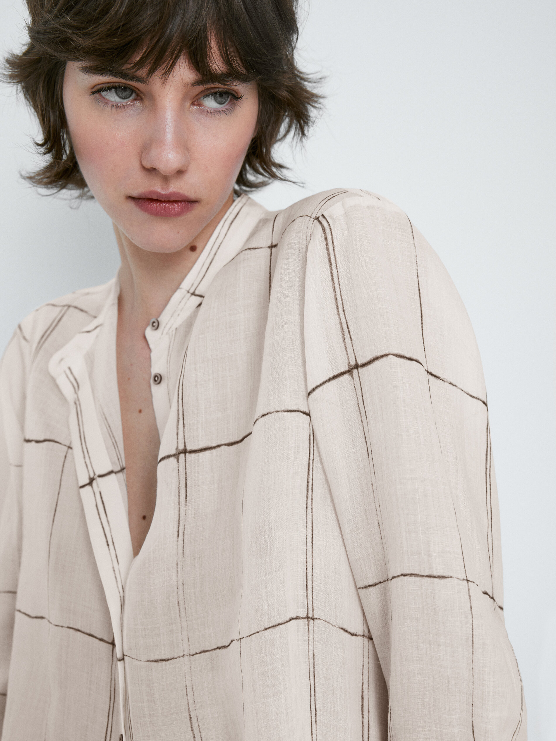 Camisa estampado cuadros cuello mao - CRUDO