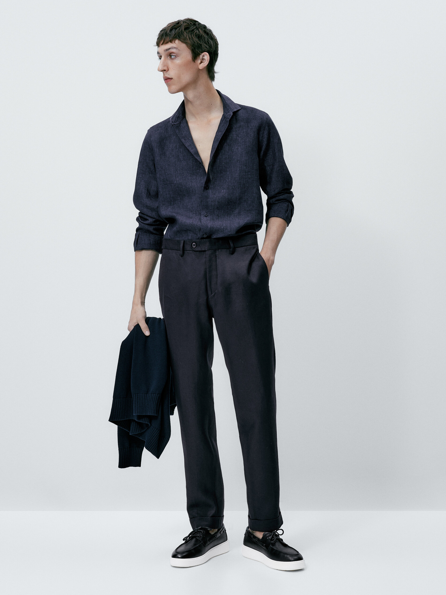 Camisa 100% lino delave slim fit - AZUL MARINO