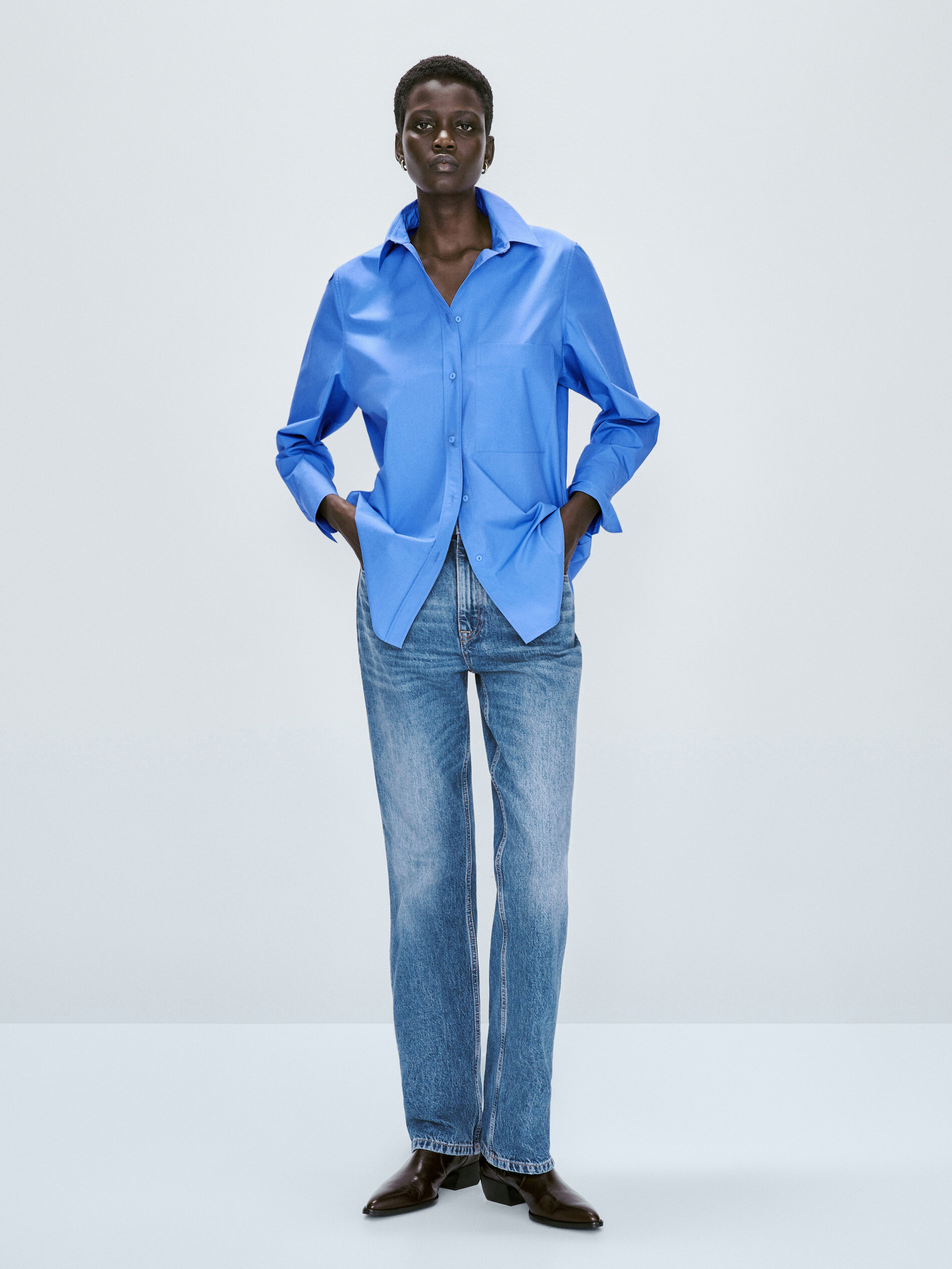 Camisa popelín algodón bolsillo - AZULÓN