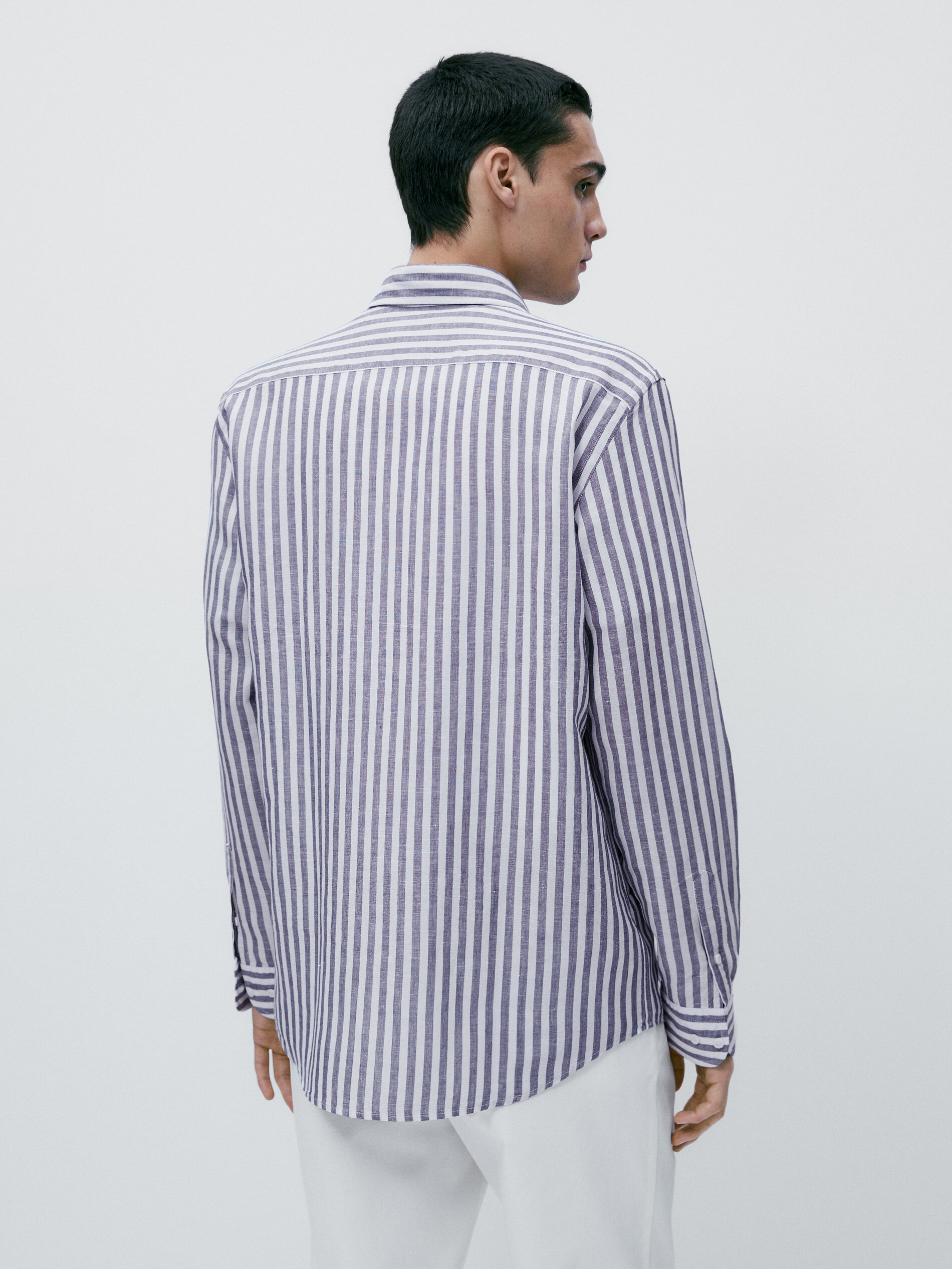 Camisa rayas con lino y algodón regular fit - AZUL MARINO