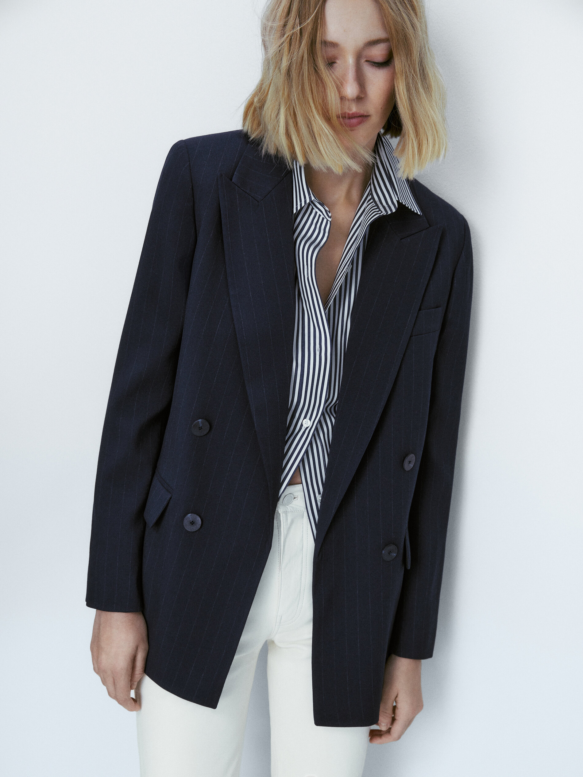 Americana traje raya diplomática falso cruce - AZUL MARINO