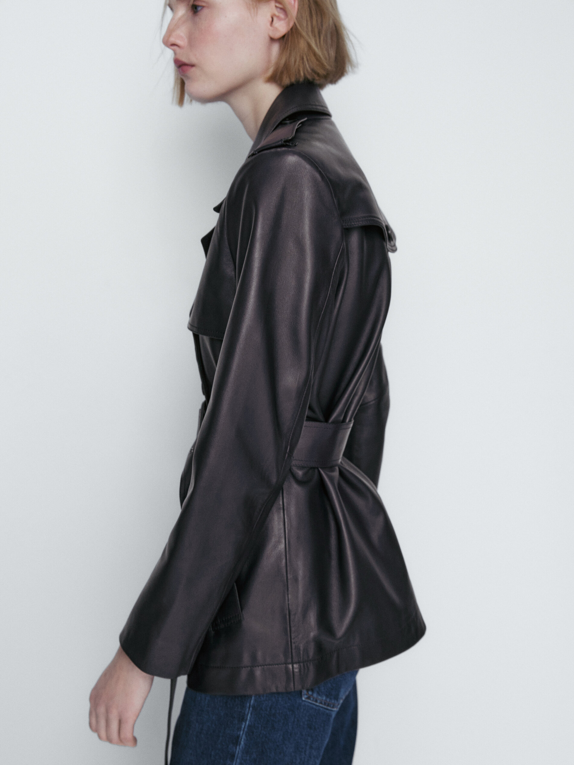 Chaqueta trench corta piel napa - AZUL MARINO