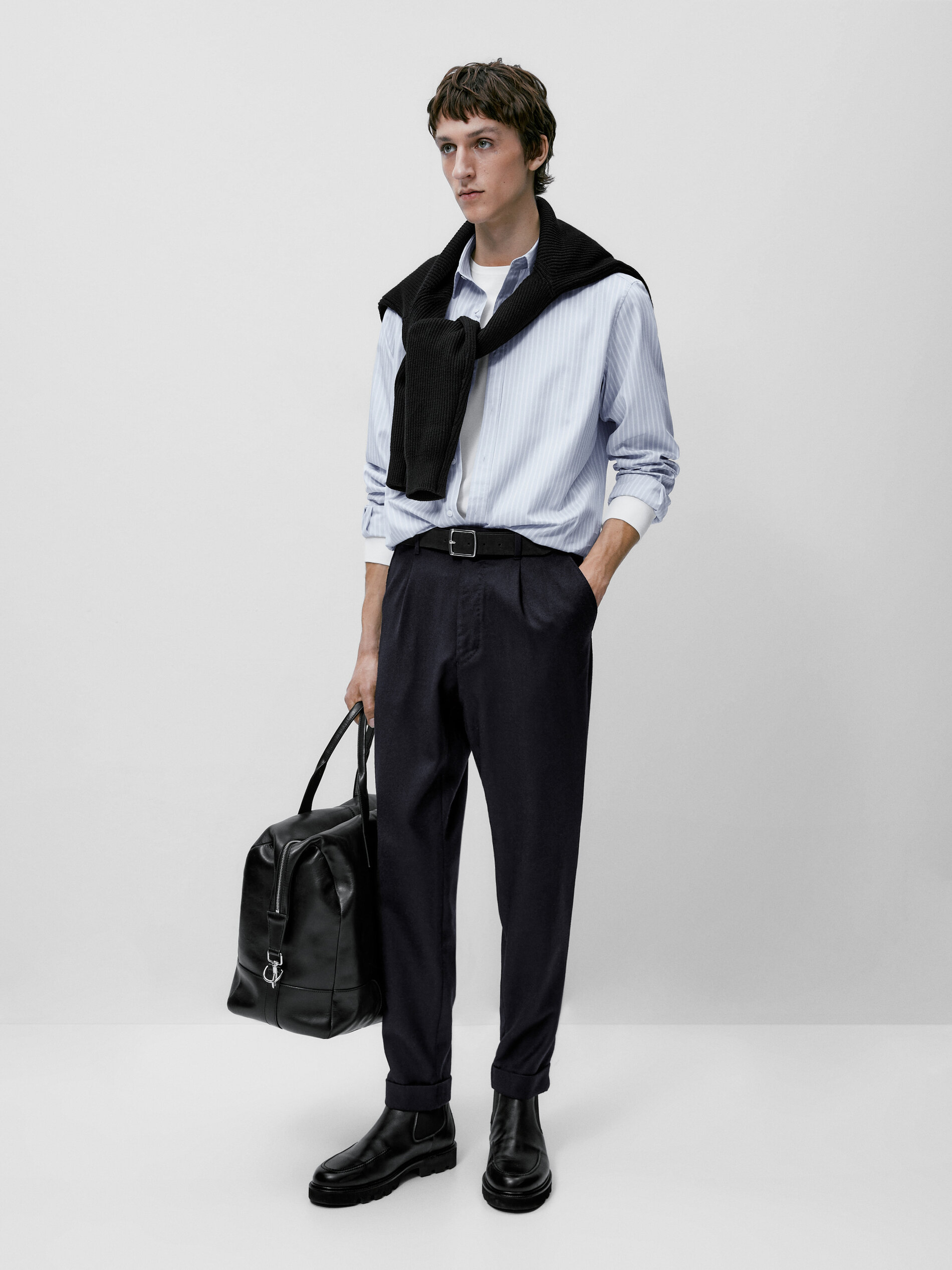 Camisa rayas algodón slim fit - CELESTE