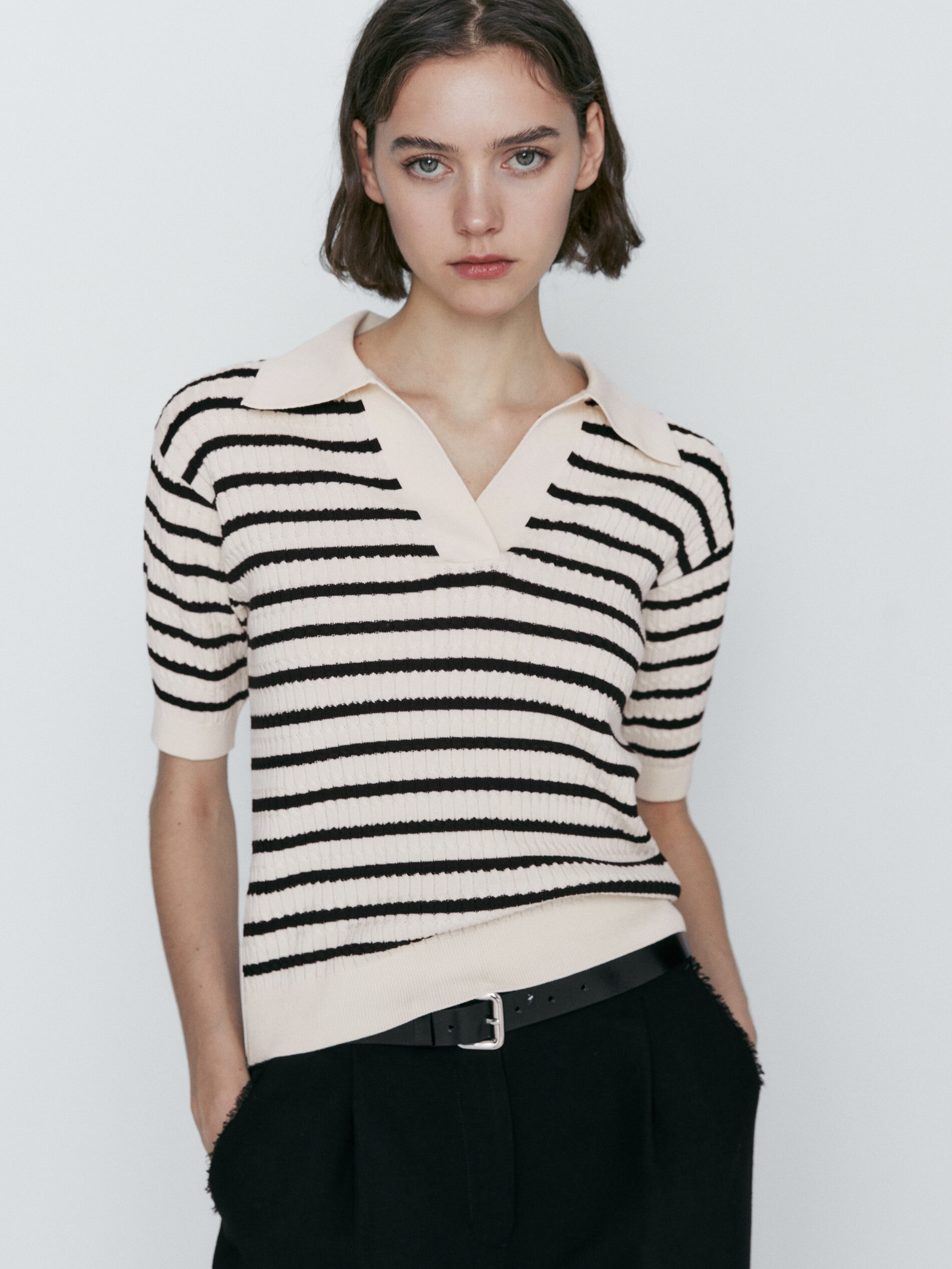 Jersey polo rayas punto trenzas - CRUDO
