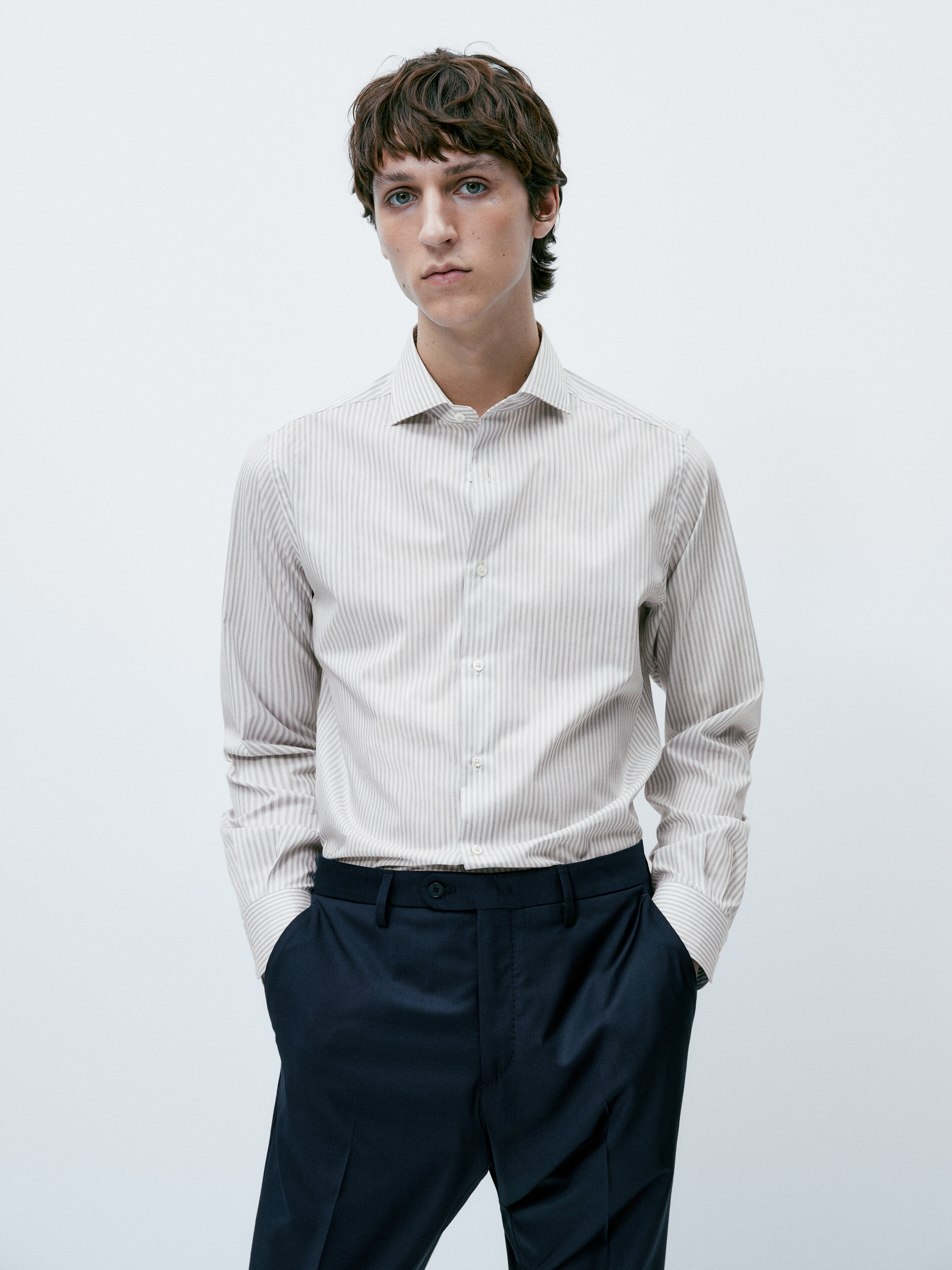 Camisa easy iron raya melange slim fit - GRIS