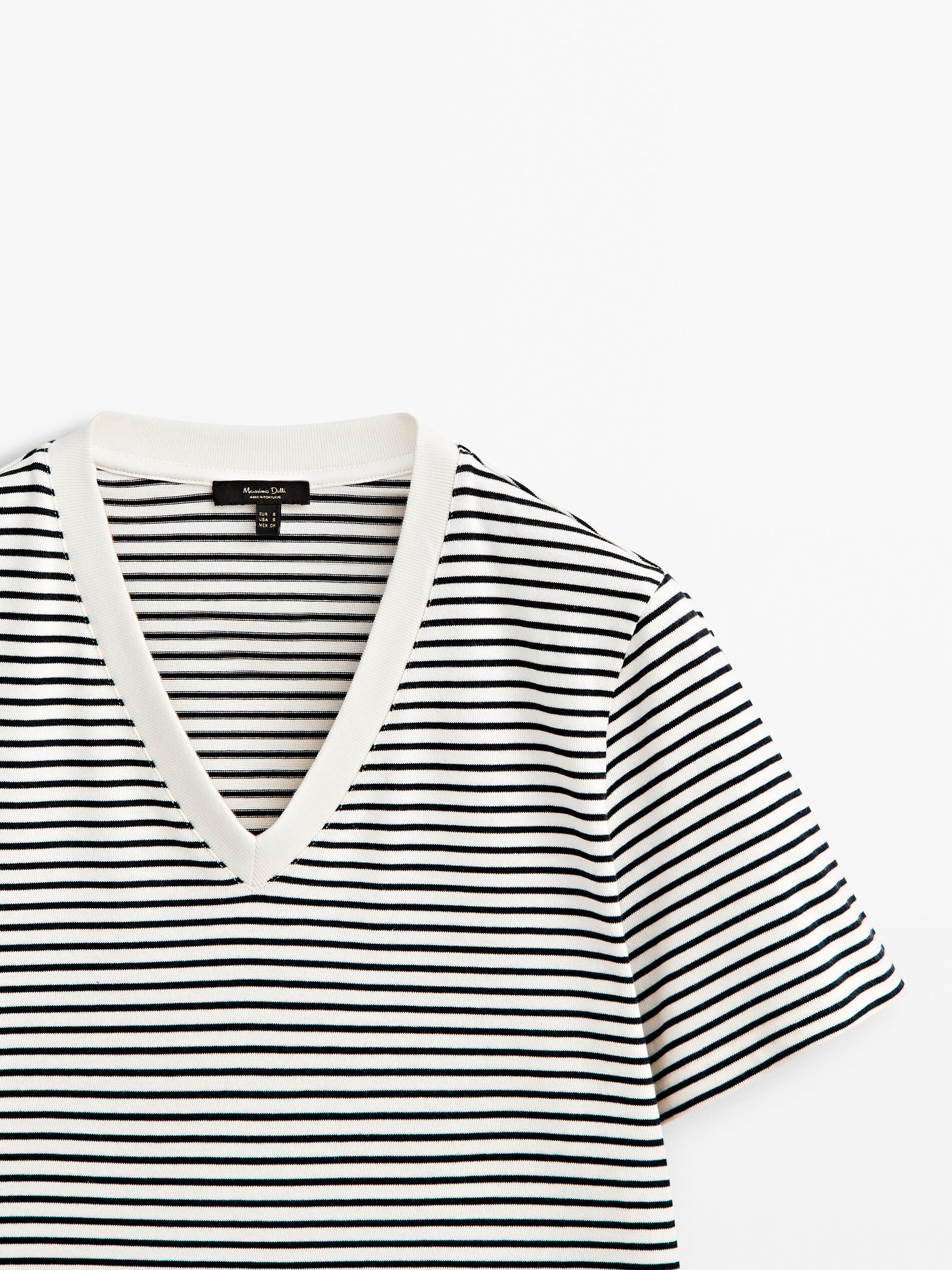 Camiseta rayas cuello pico contraste algodón - CRUDO