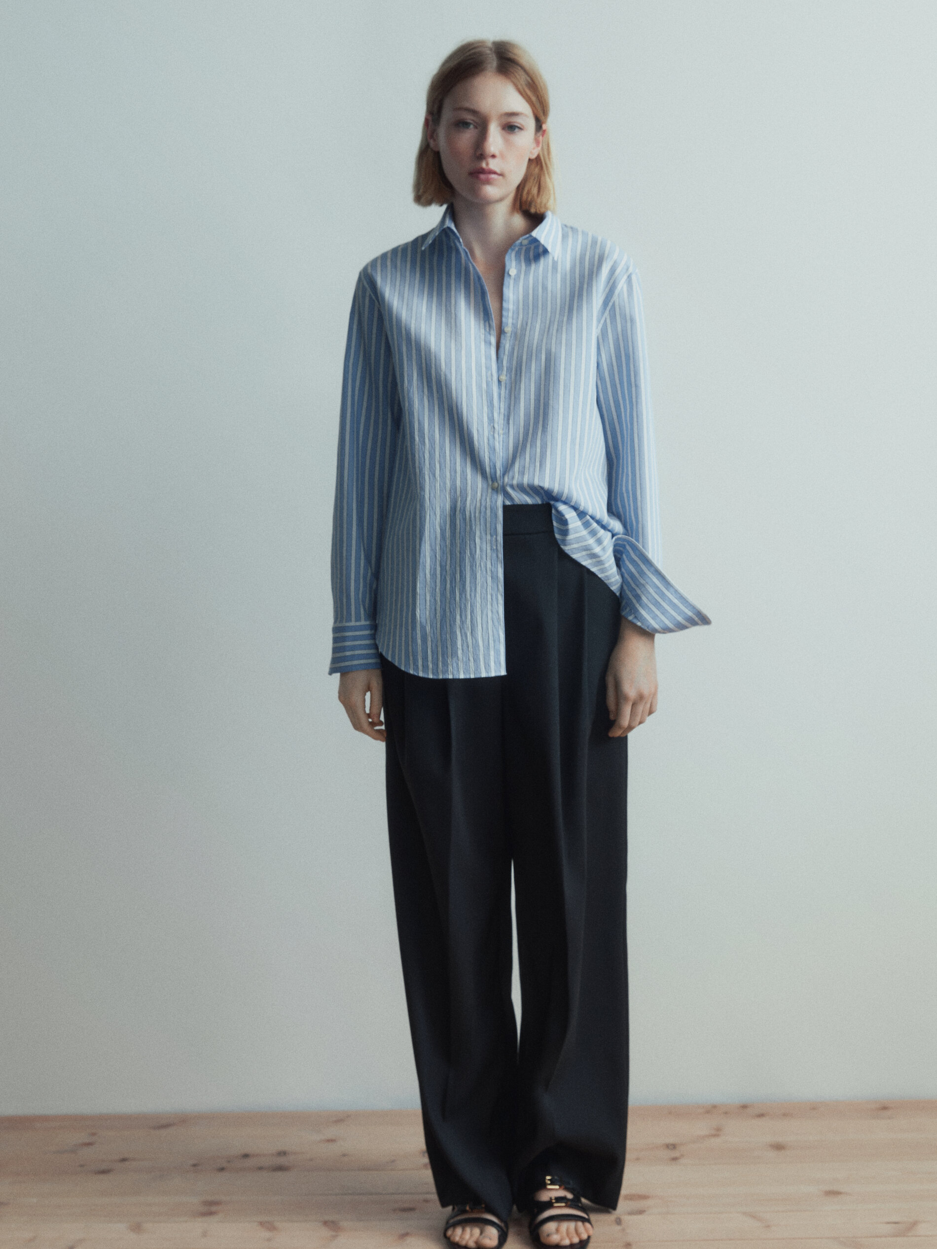 Camisa mezcla algodón doble raya - CELESTE