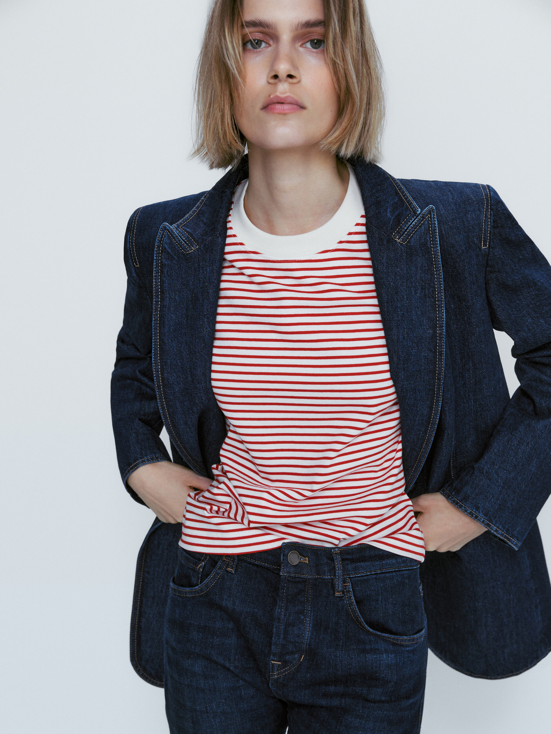 Camiseta rayas cuello contraste algodón - ROJO