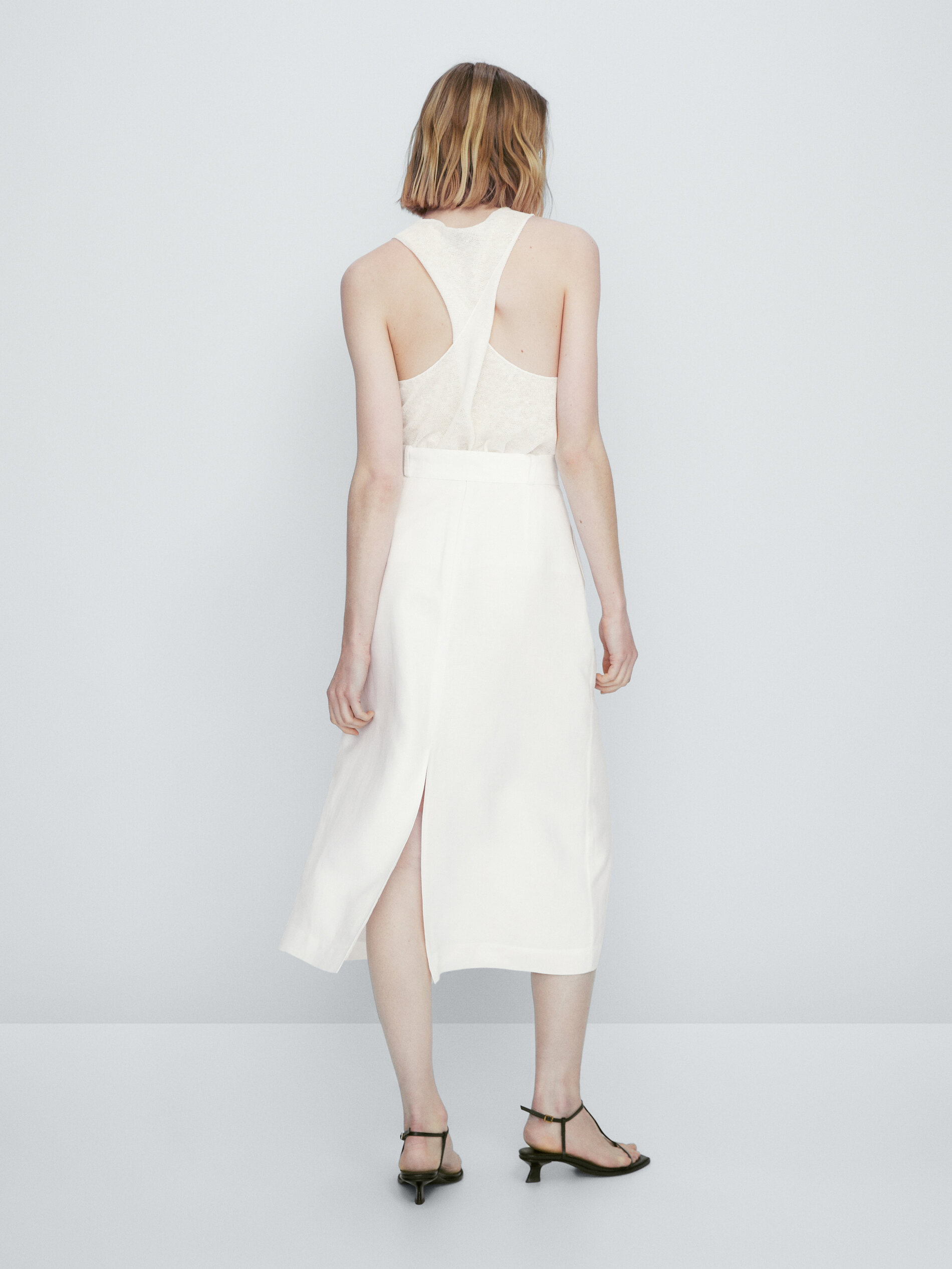 Falda midi con lino aberturas - BLANCO